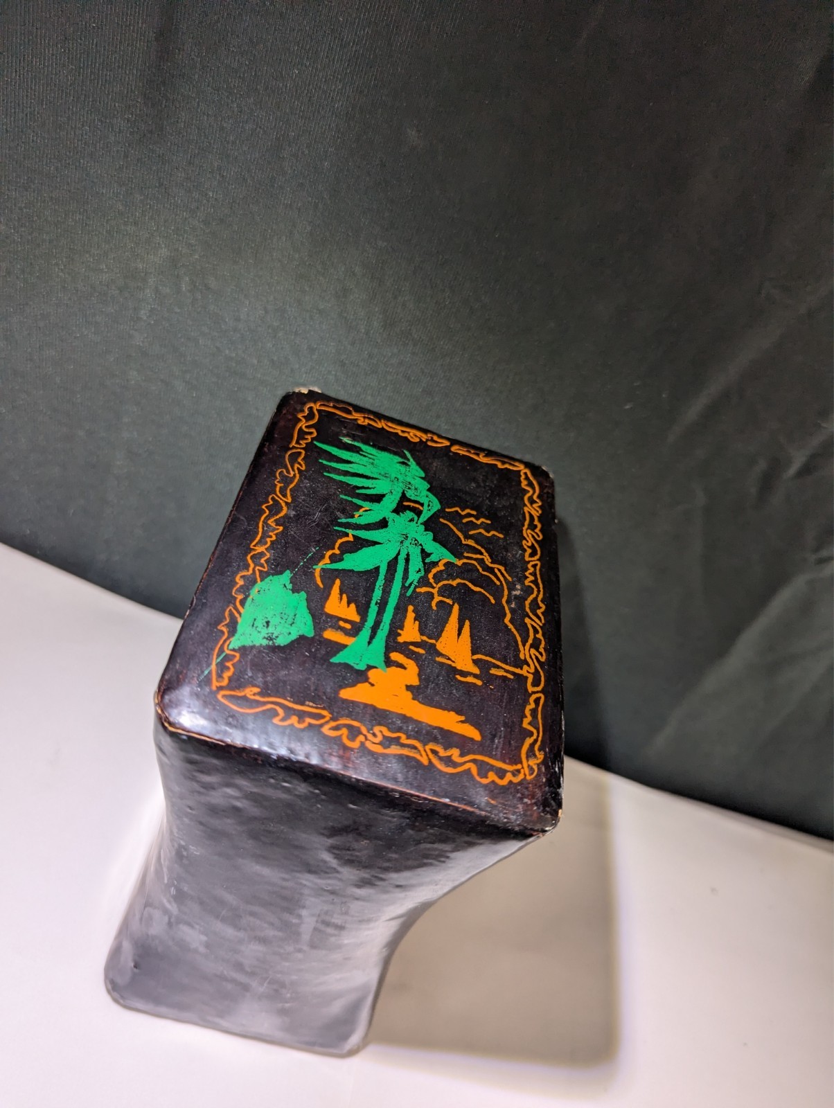 ANTIQUE CHINESE BLACK LACQUERED LEATHER OPIUM PILLOW GEISHA ASIAN DECOR TREES