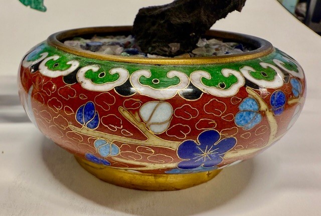 Chinese Quartz & Jade Flower Tree in Cloisonne Pot Vintage Bonzai for good luck