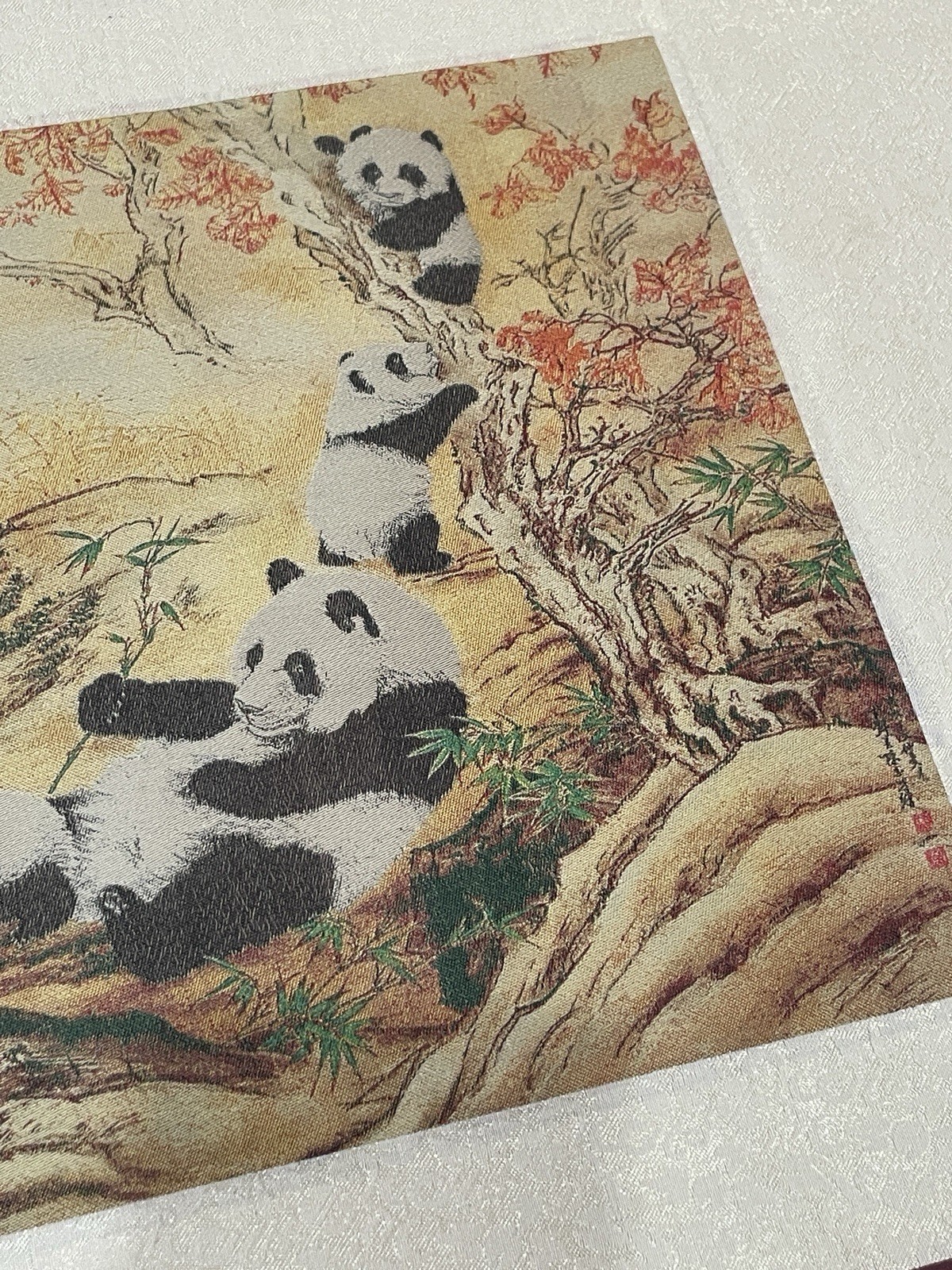 Chinese Shu Brocade Silk Scroll Pandas Wall Hanging Art Textile Presentation Box