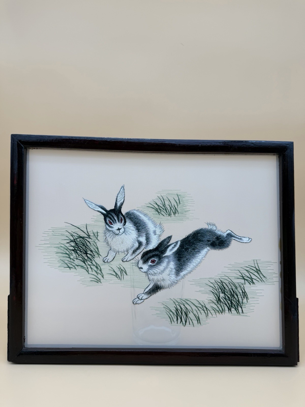 Early 1980s Chinese Double-Sided Silk Embroidery Spring Hares Framed Art