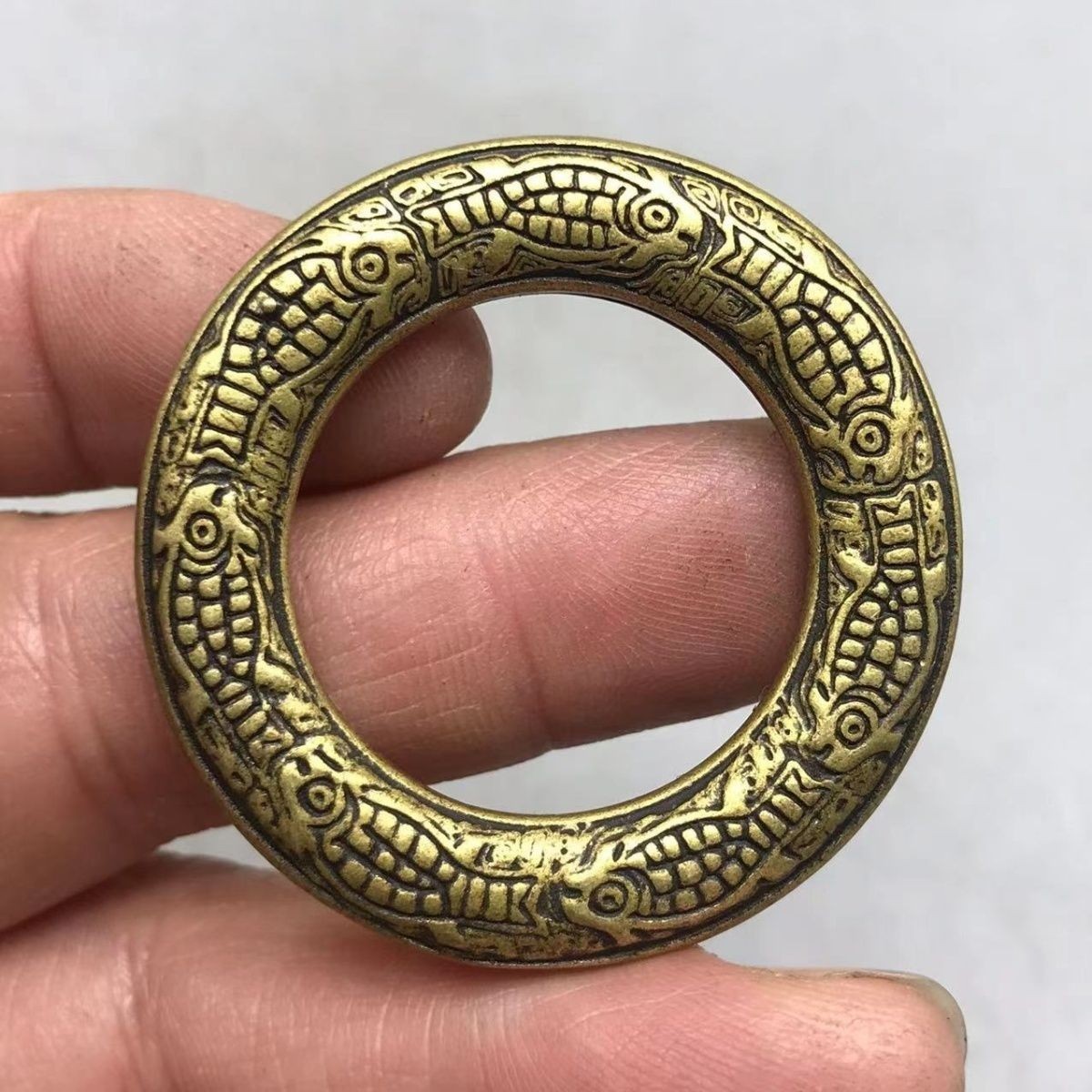 Antique Embossed Fish Circle Auspicious Wealth Abundance Lucky Amulet Token