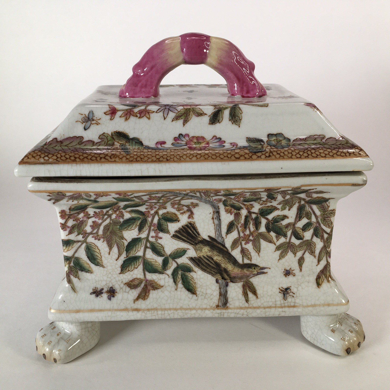 Vintage Hua Ping Tang Zhi Porcelain Chinese Bird Trinket Box Hand Painted