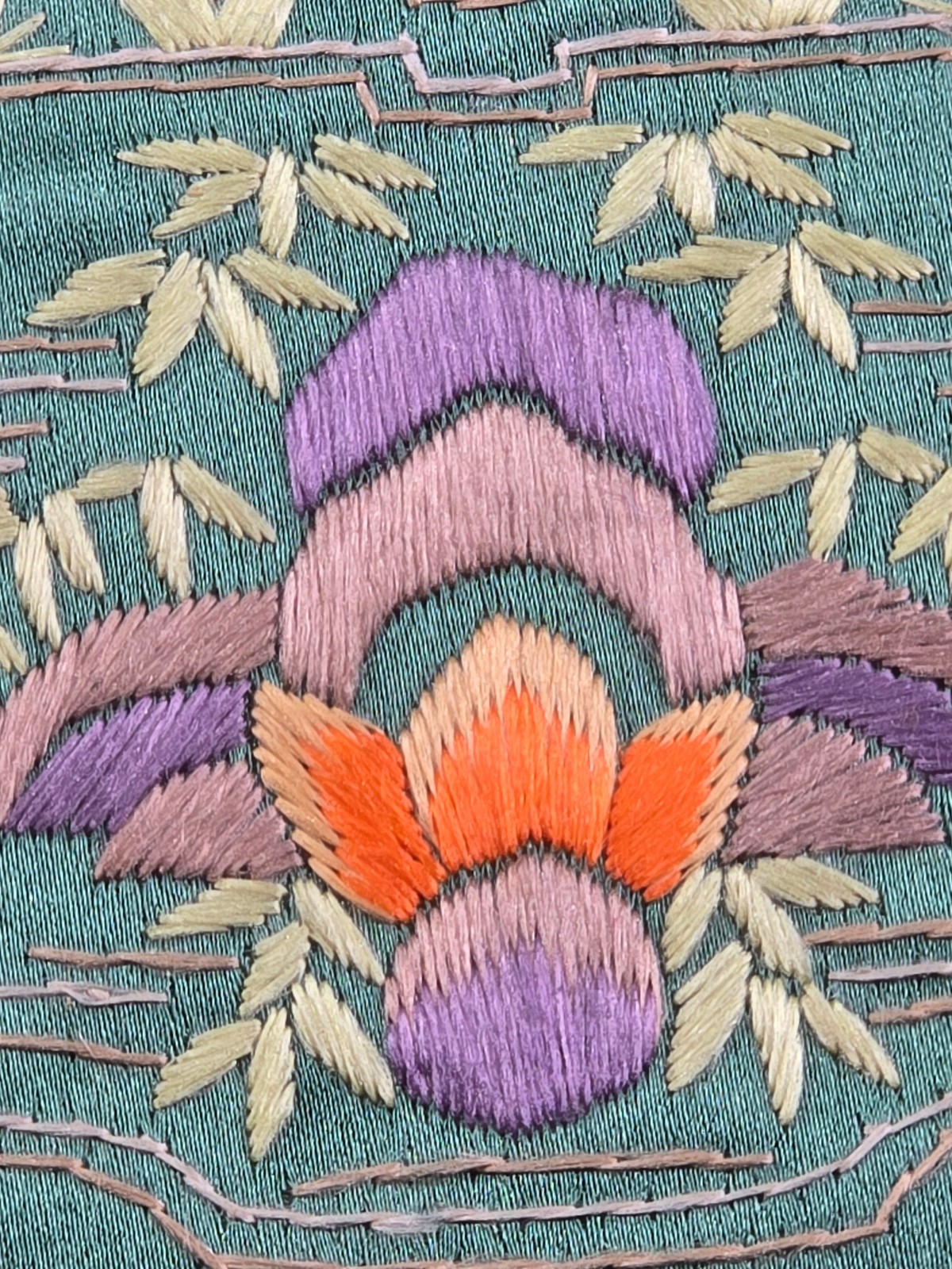 VTG Chinese Embroidered Silk Panel Dragon Boats Green 12.5 x 25.5 inch
