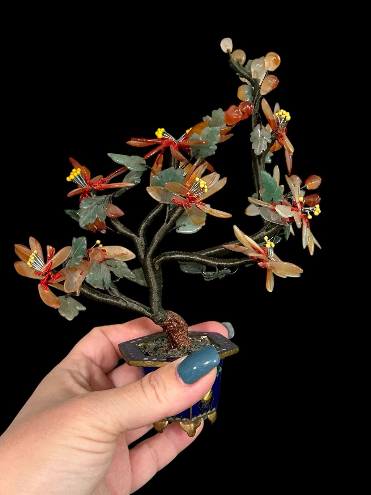 Chinese Gemstone Tree Quartz Bonsai Cloisonné Pot 7.5 Vintage Jedire Quartz Pot