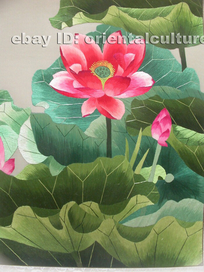 Chinese 100%hand embroidered silk brocade mounted suzhou embroidery:Lotus flower