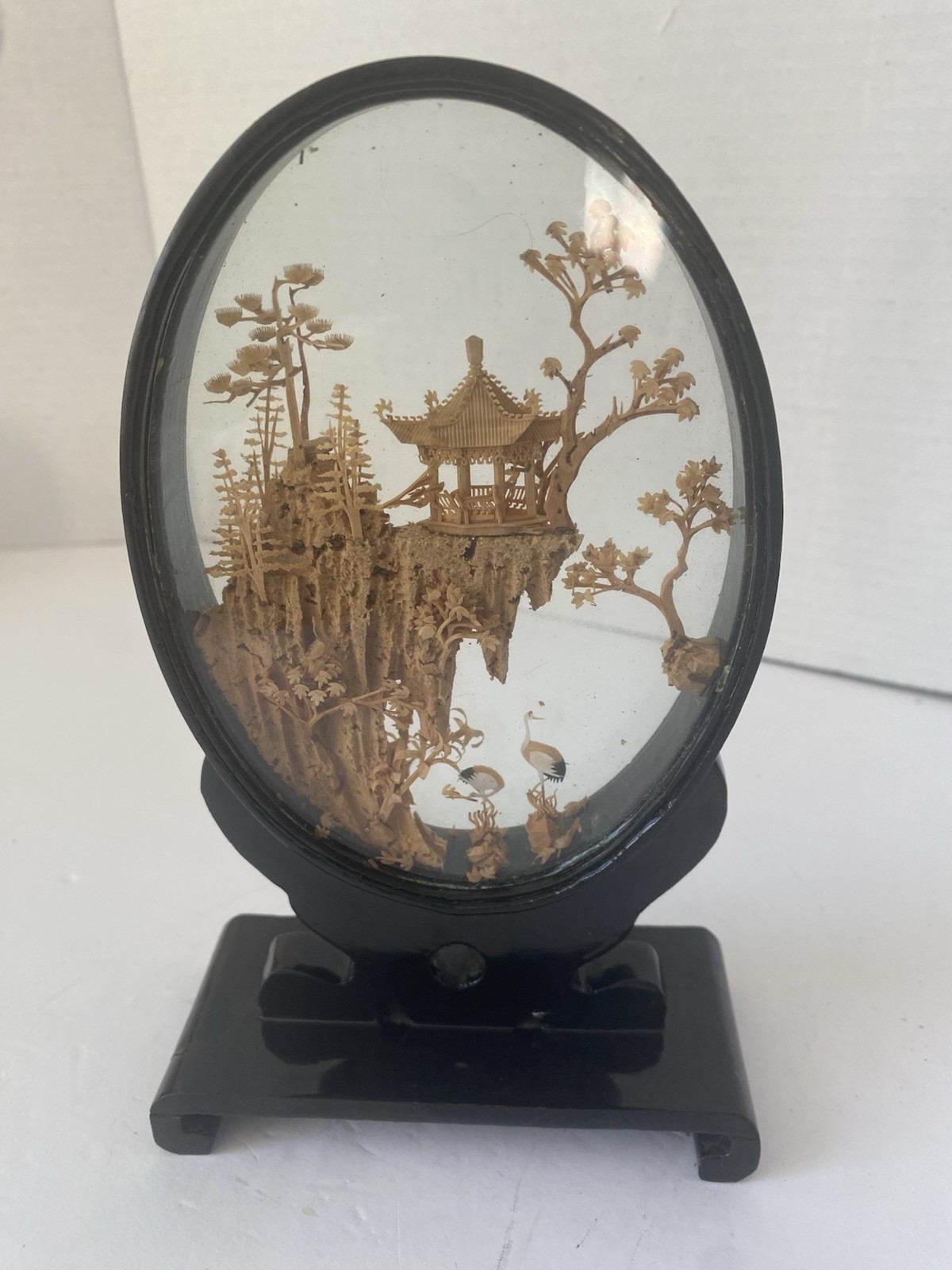VTG Oriental Hand Carved Cork Art Diorama Pagoda Lacquer Frame Asian Chinese