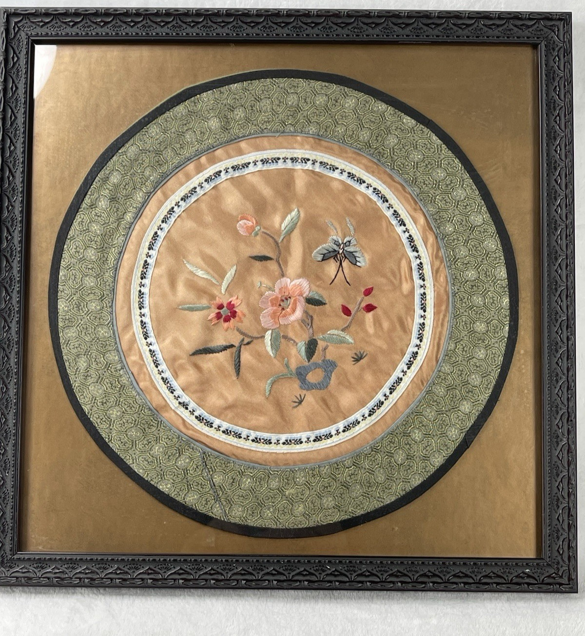 Vintage Chinese Silk Embroidery Art 10.5” Round Floral & Butterfly in 13” Frame
