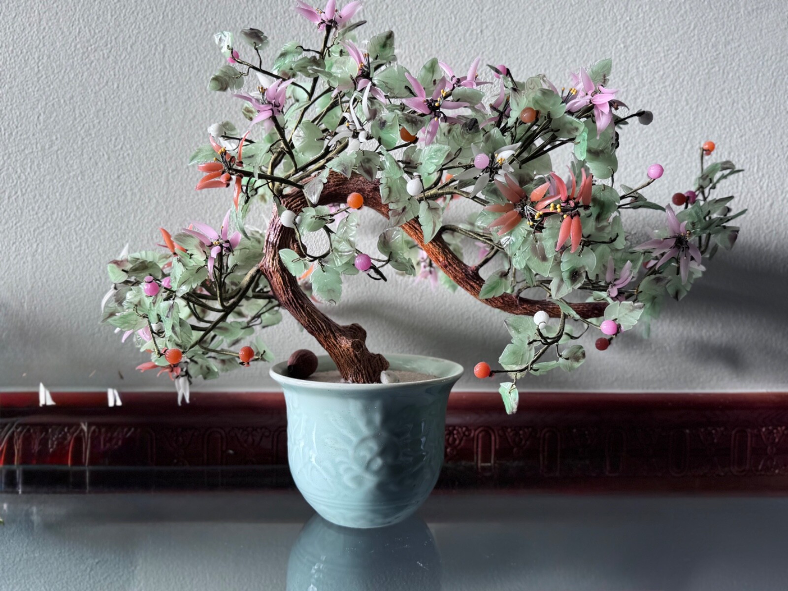 VTG Asian Jade Multicolor Flower Bonsai Tree Celadon Pot 8” Tall 11” Across C2