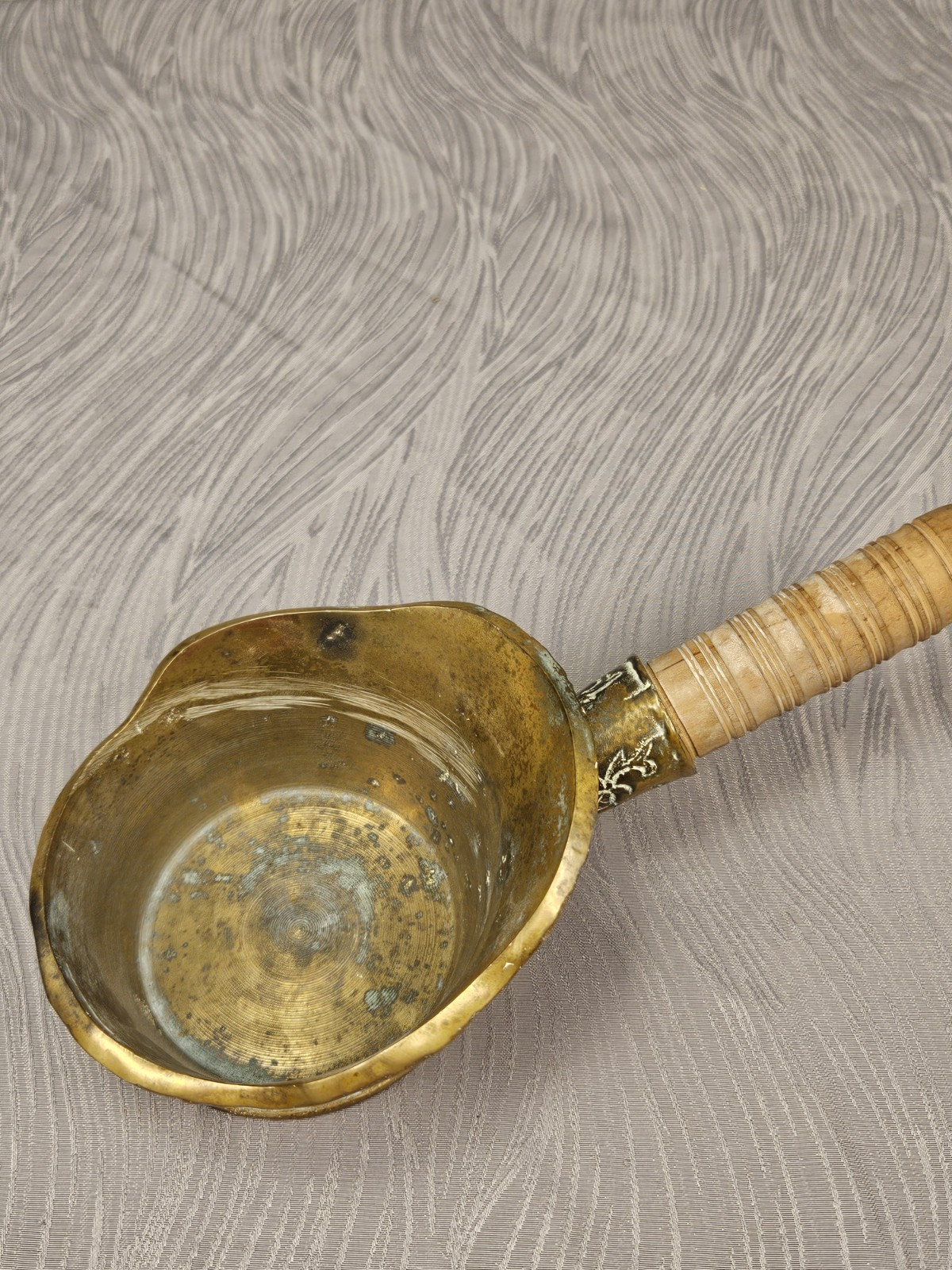 Vintage Chinese Brass Silk Iron w/ Wooden Hand Handle