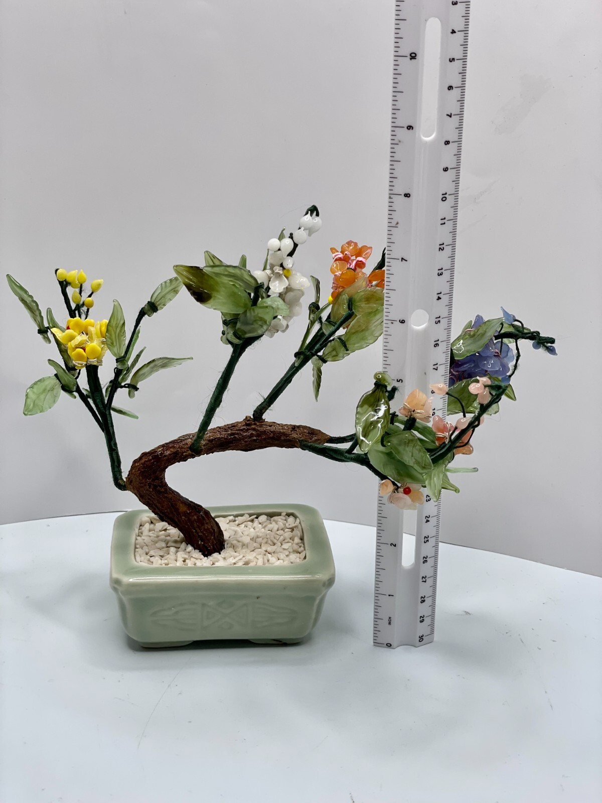 1960’s Hand Carved Chinese Jade Agate Stone Glass Bonsai Multicolor Mineral Tree