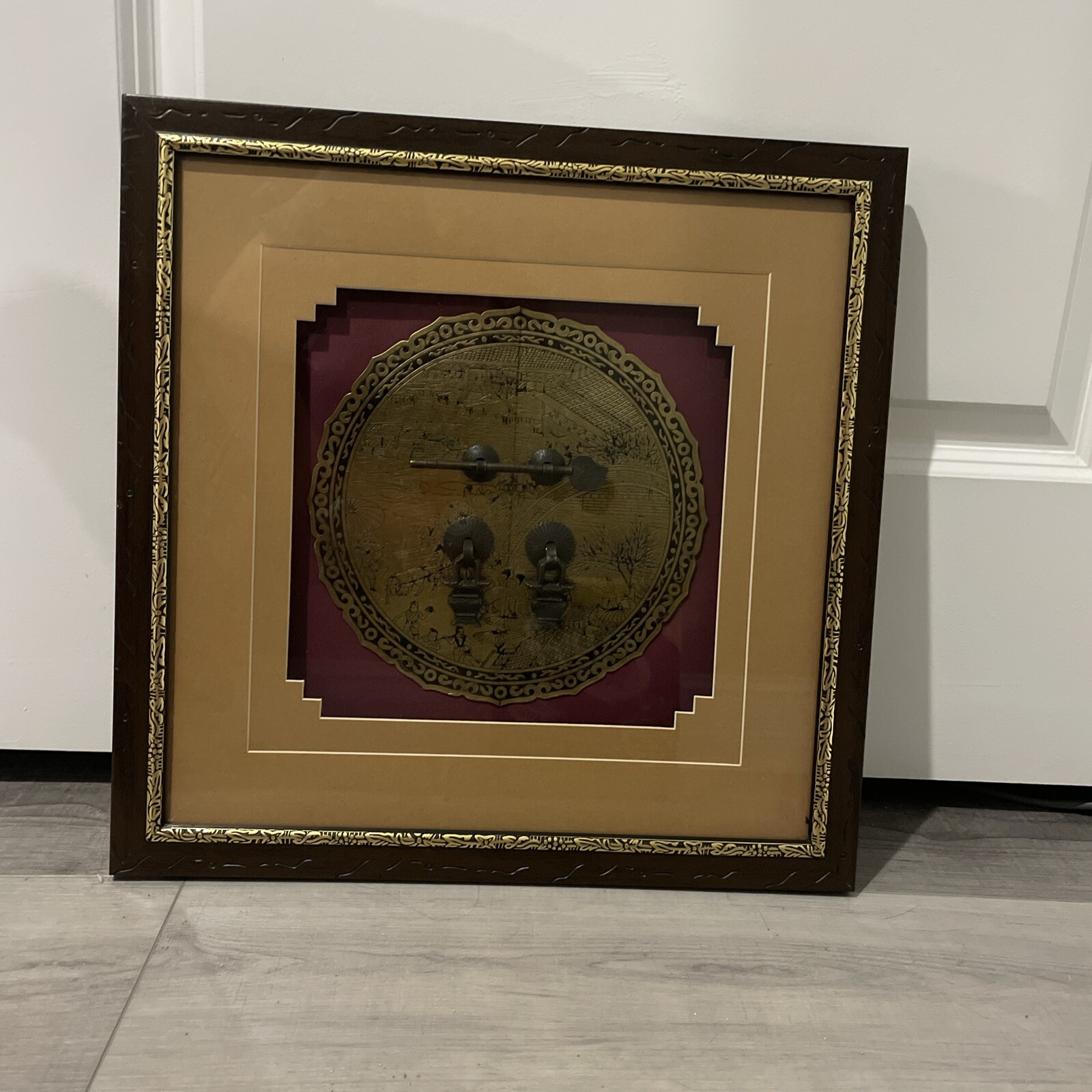 Chinese Shadow Box Oriental Asian Framed Wall Hanging Gold Metal Black Iron