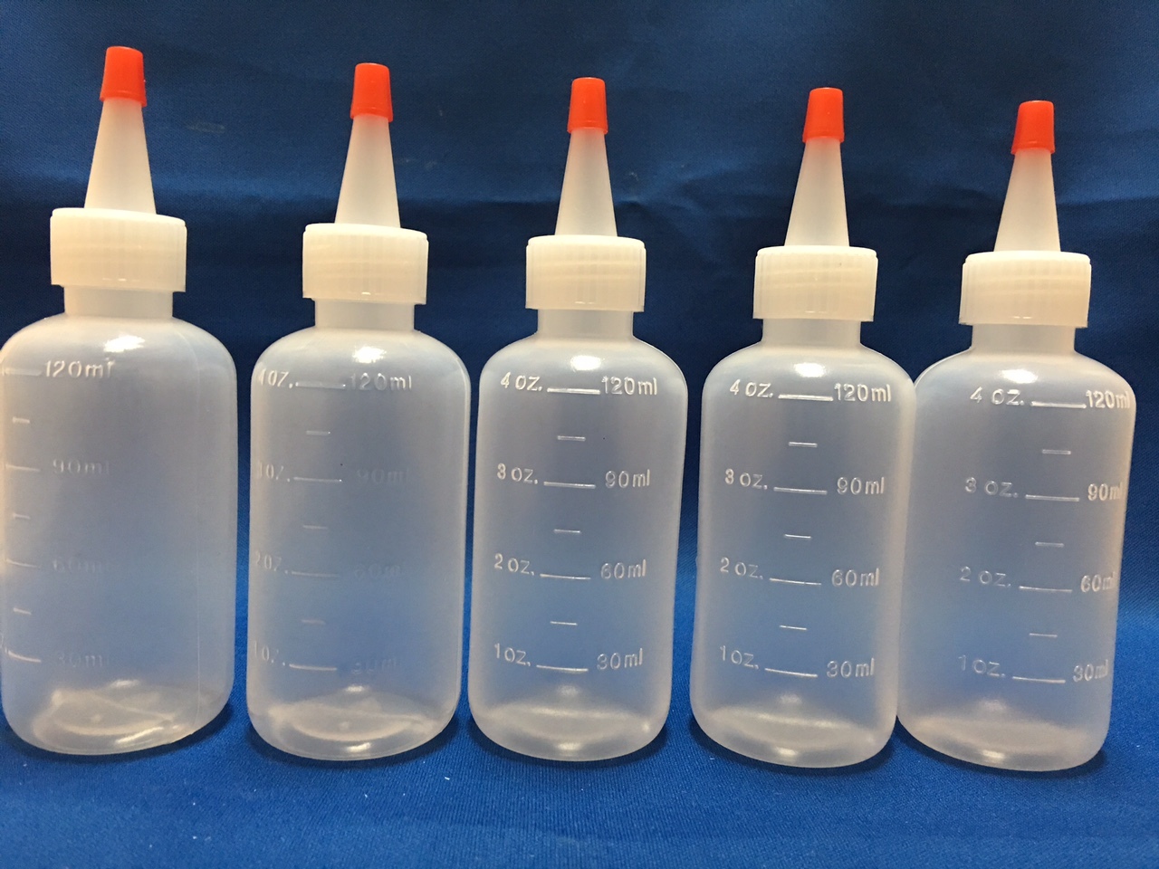 5 pack of 4oz (120mL) Plastic Boston Round Squeeze Bottles + Yorker Caps LDPE