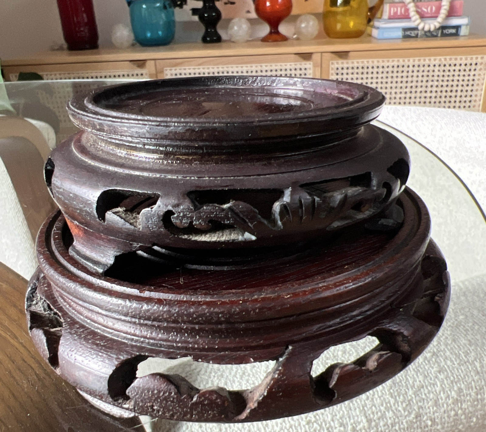 TWO Wood Display Stands 4″ + 5″ Asian Hardwood Pedestal Carved Ebonized Pair