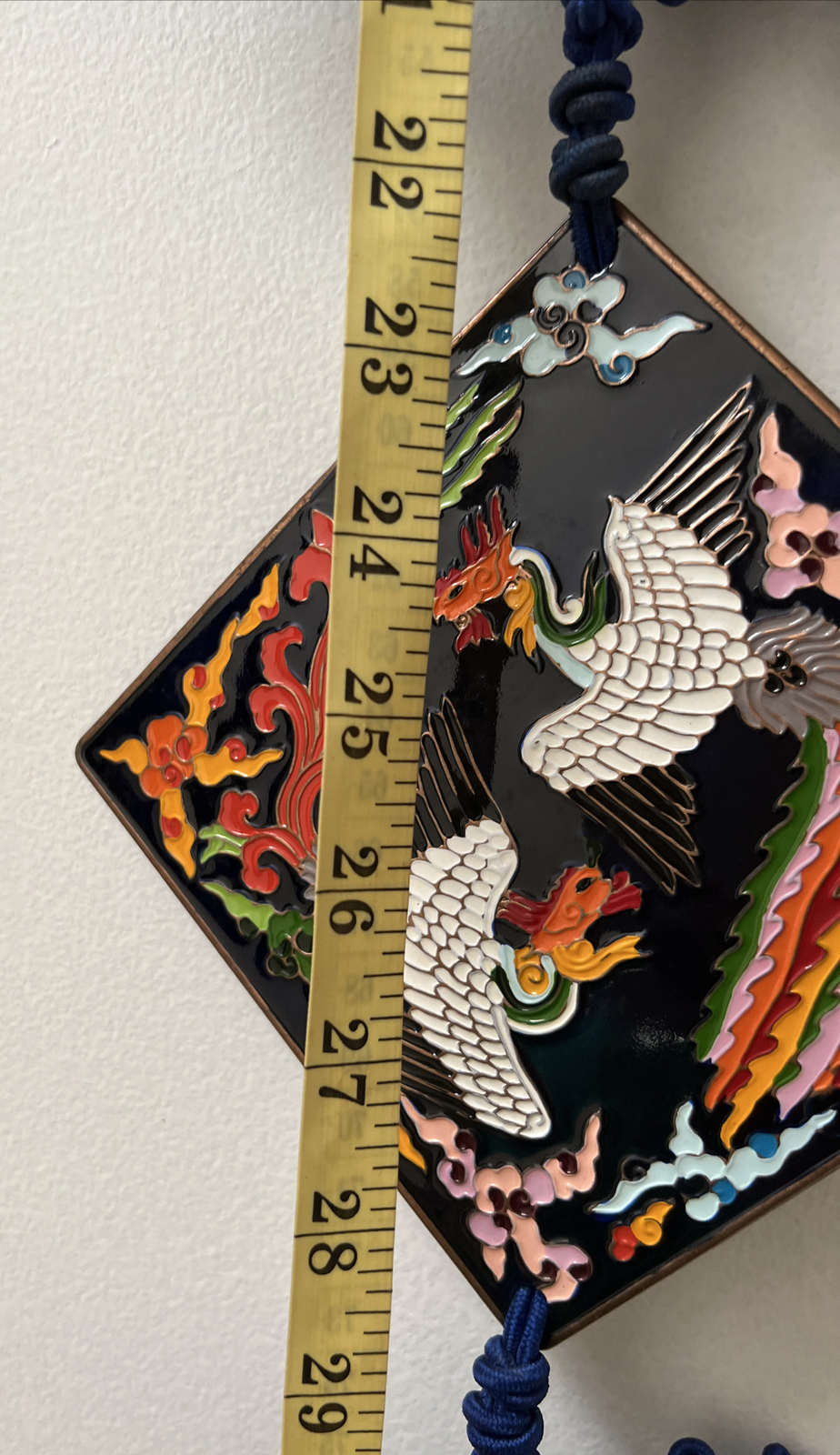 Vintage Chinese Long Enamel Cloisonne Multi Colored Knotted Tassel Wall Hanging