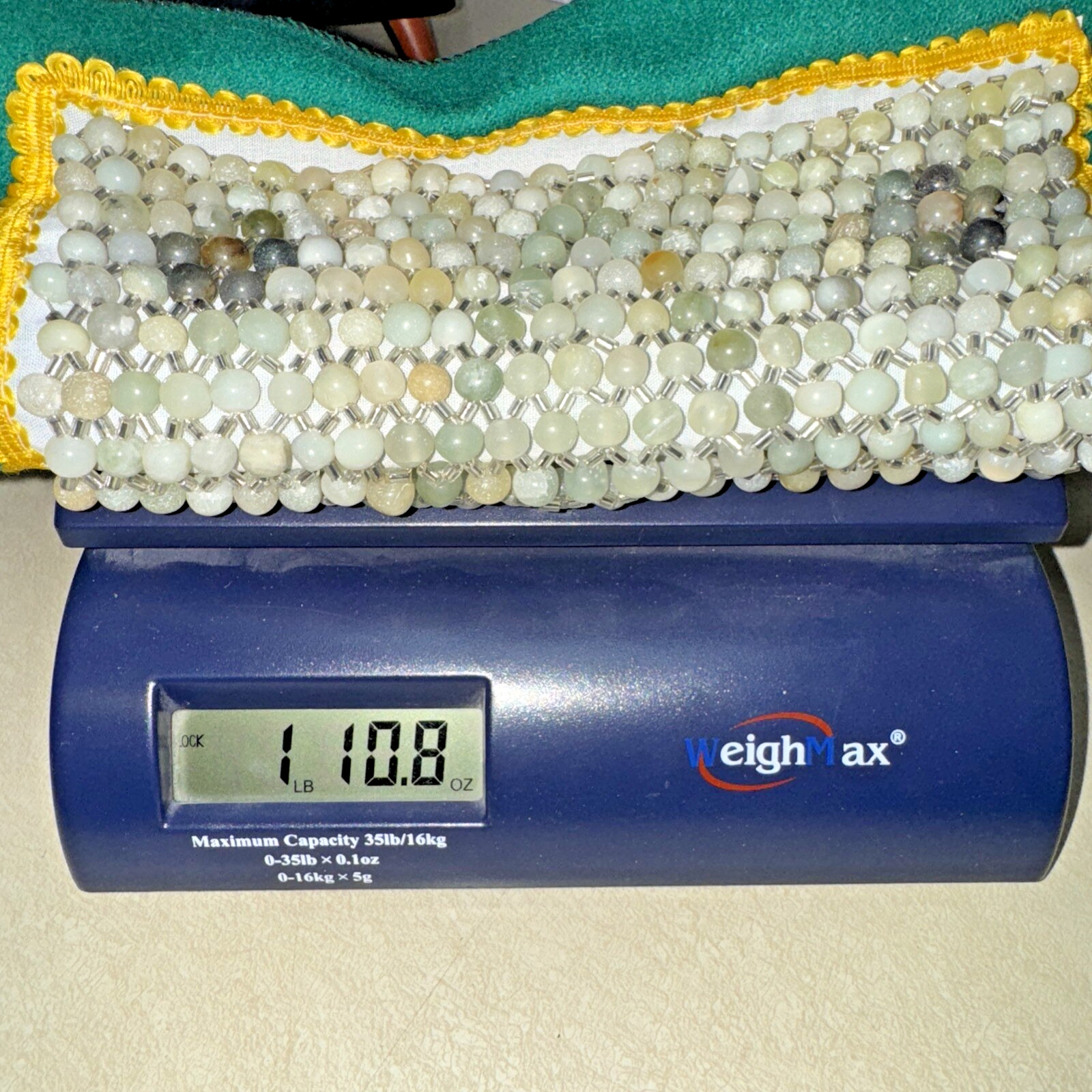 Vintage Healing Jade Crystal Stone 1035 Beads Chinese Pillow 20″ x 12″ 1Lb 10oz