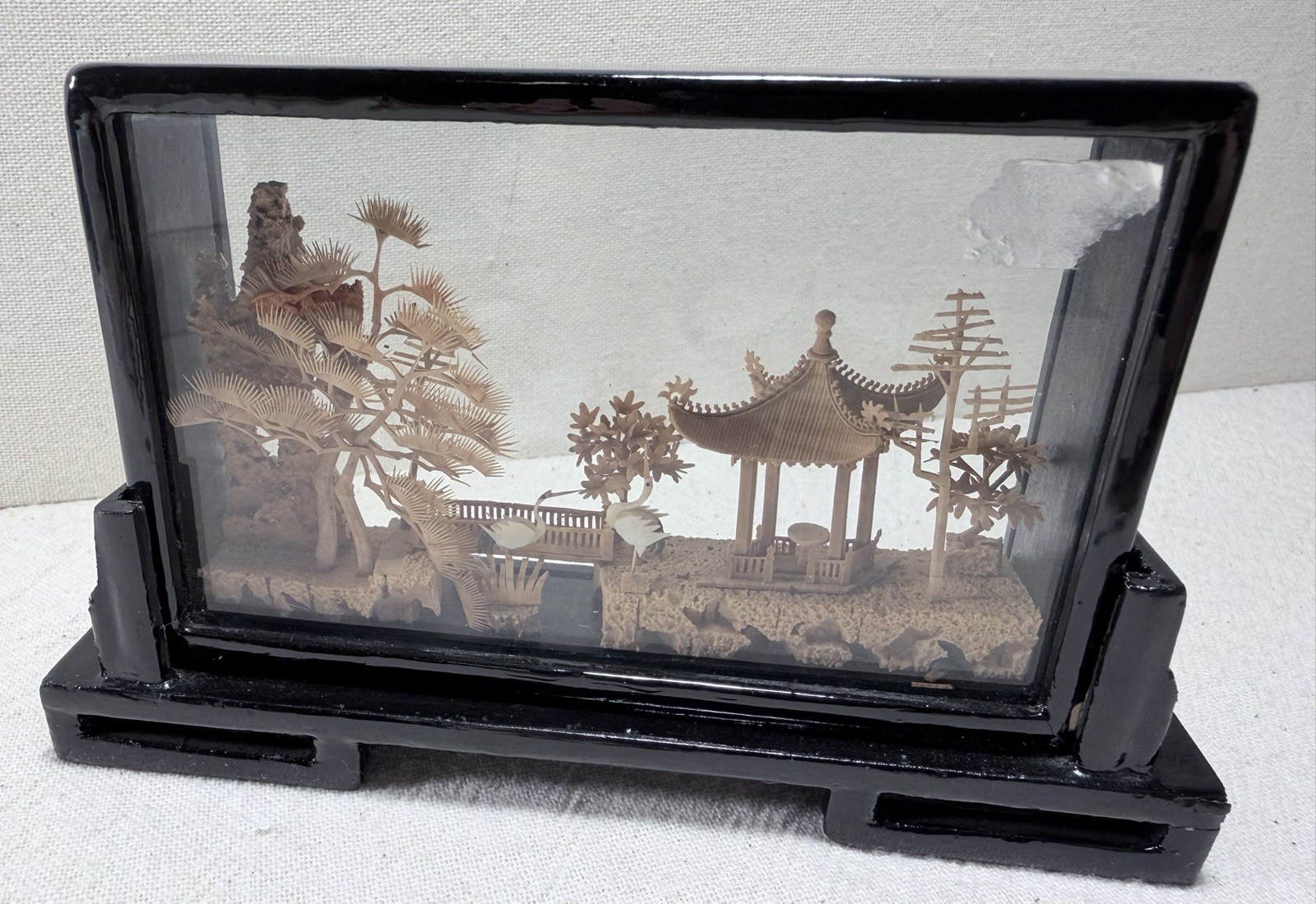 Vintage Chinese Cork Sculpture Diorama Pavilion Scene Black Lacquer Frame w/ Box