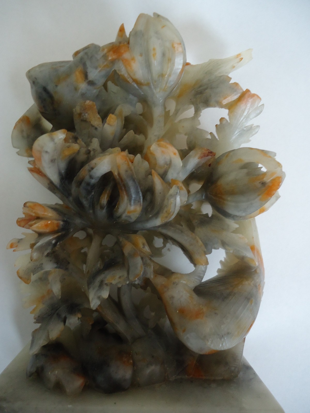 Vintage Chinese Hand Carved Soapstone Sculpture with Birds & Flowers
