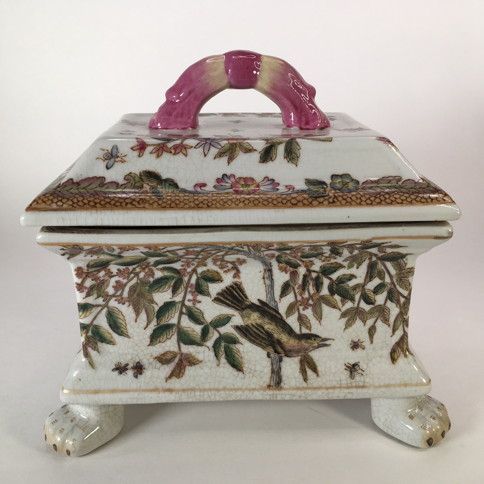 Vintage Hua Ping Tang Zhi Porcelain Chinese Bird Trinket Box Hand Painted