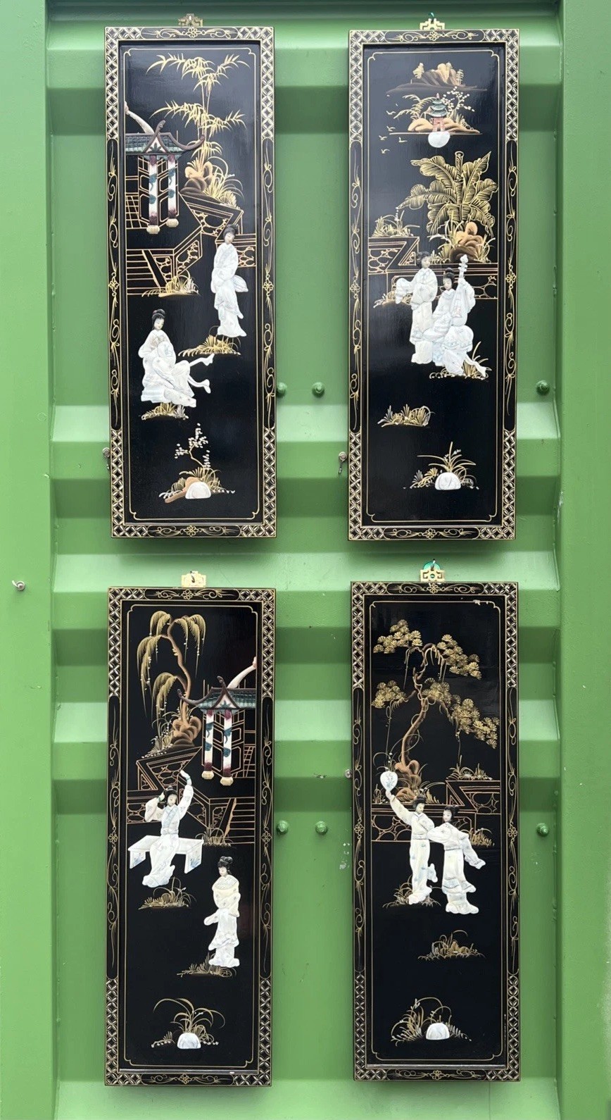 Chinese hanging screen inlaid with mother-of-pearl figures and stories 36”HX12”W