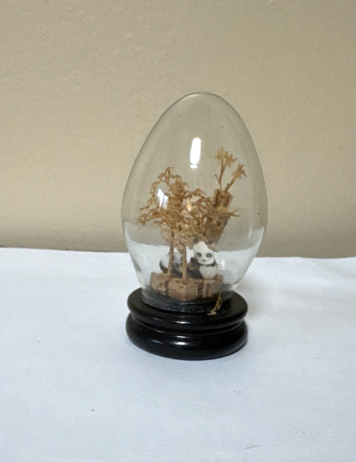 SAN YOU Cork Diorama Pair Of Pandas Under Egg Shape Glass Dome on wood base 3”H