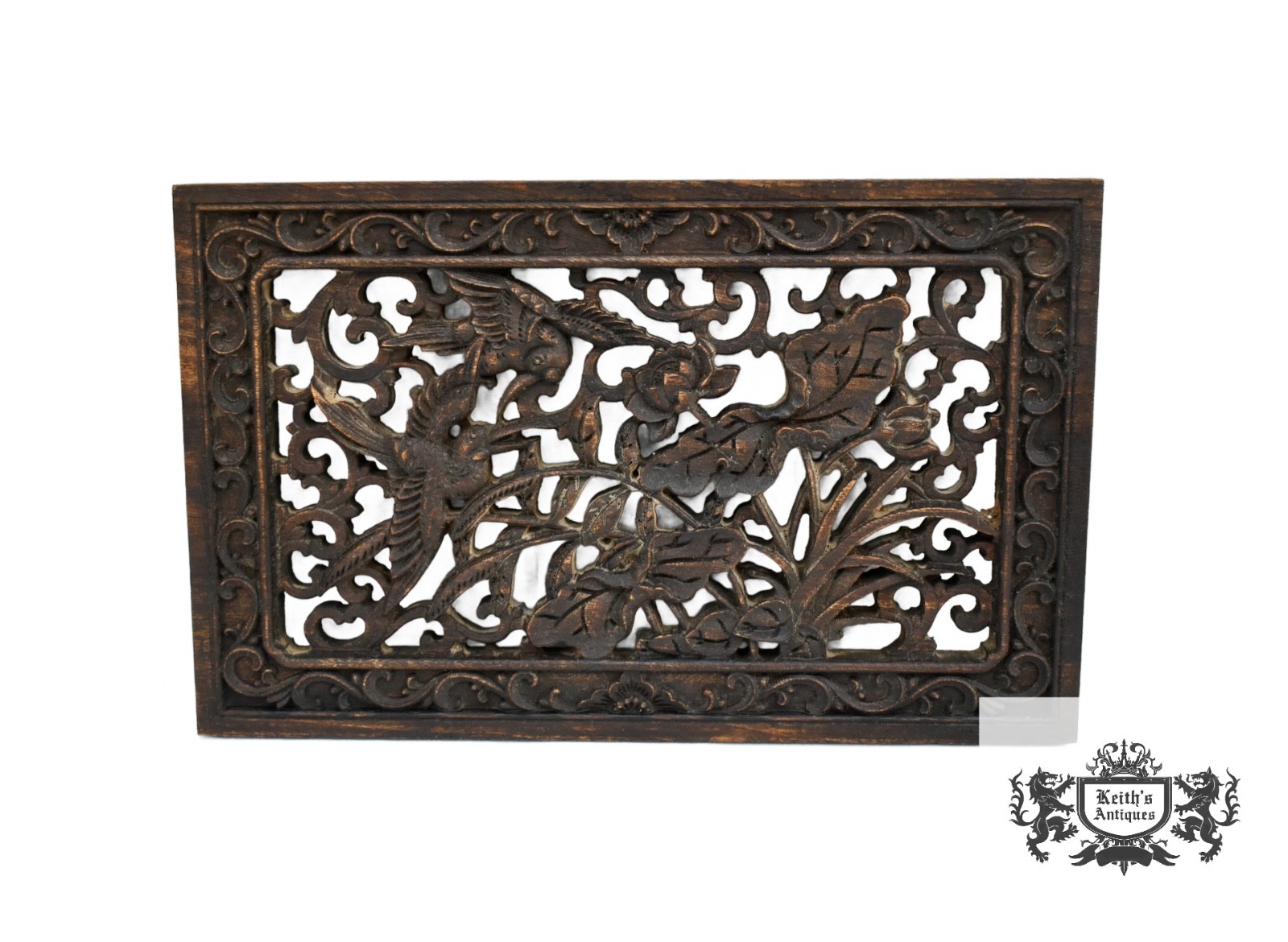 Vintage Hand Carved Chinese Plaque with Birds & Floral Details