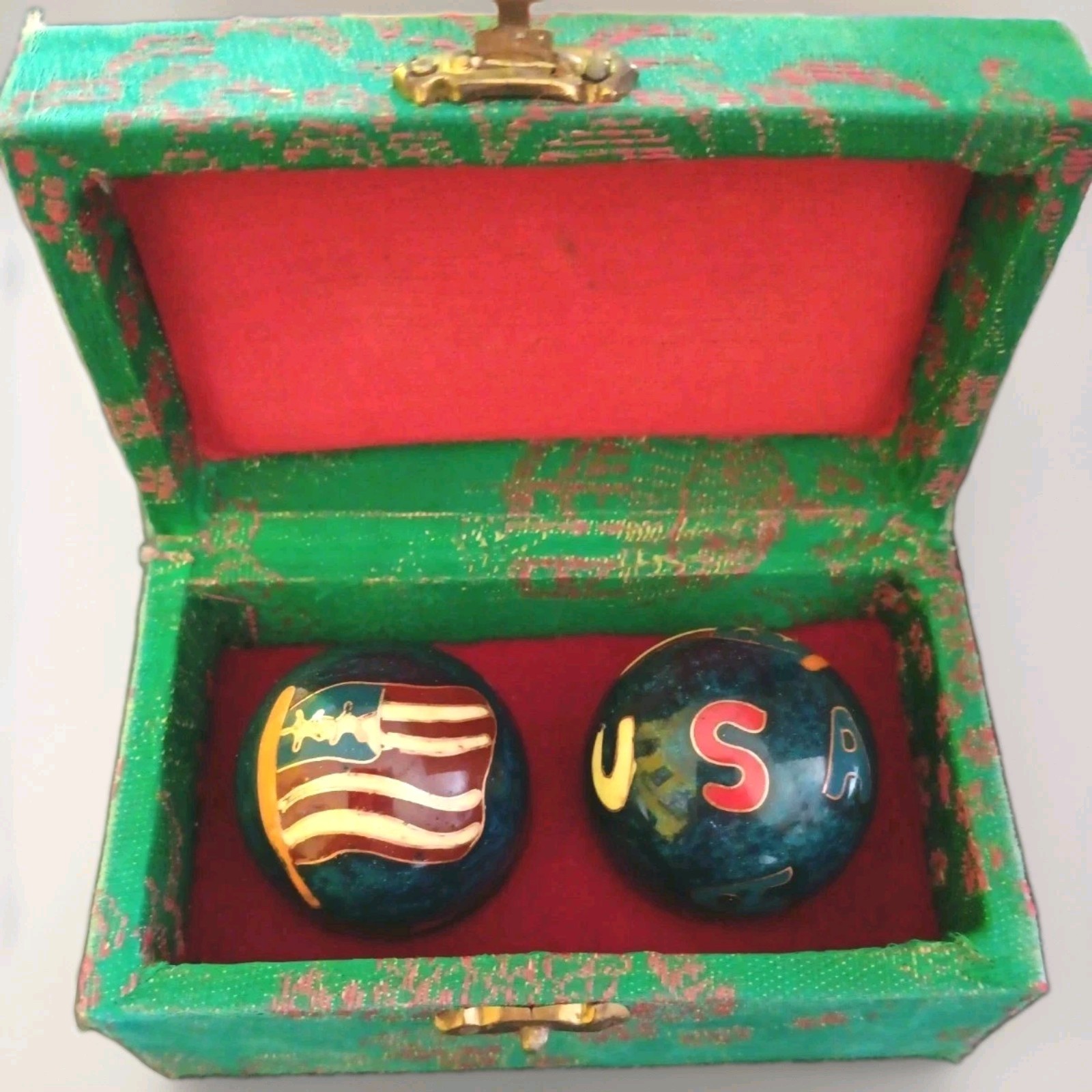 Vtg Chinese Baoding Cloisonné Balls with Brocade Box “USA” Flag Design