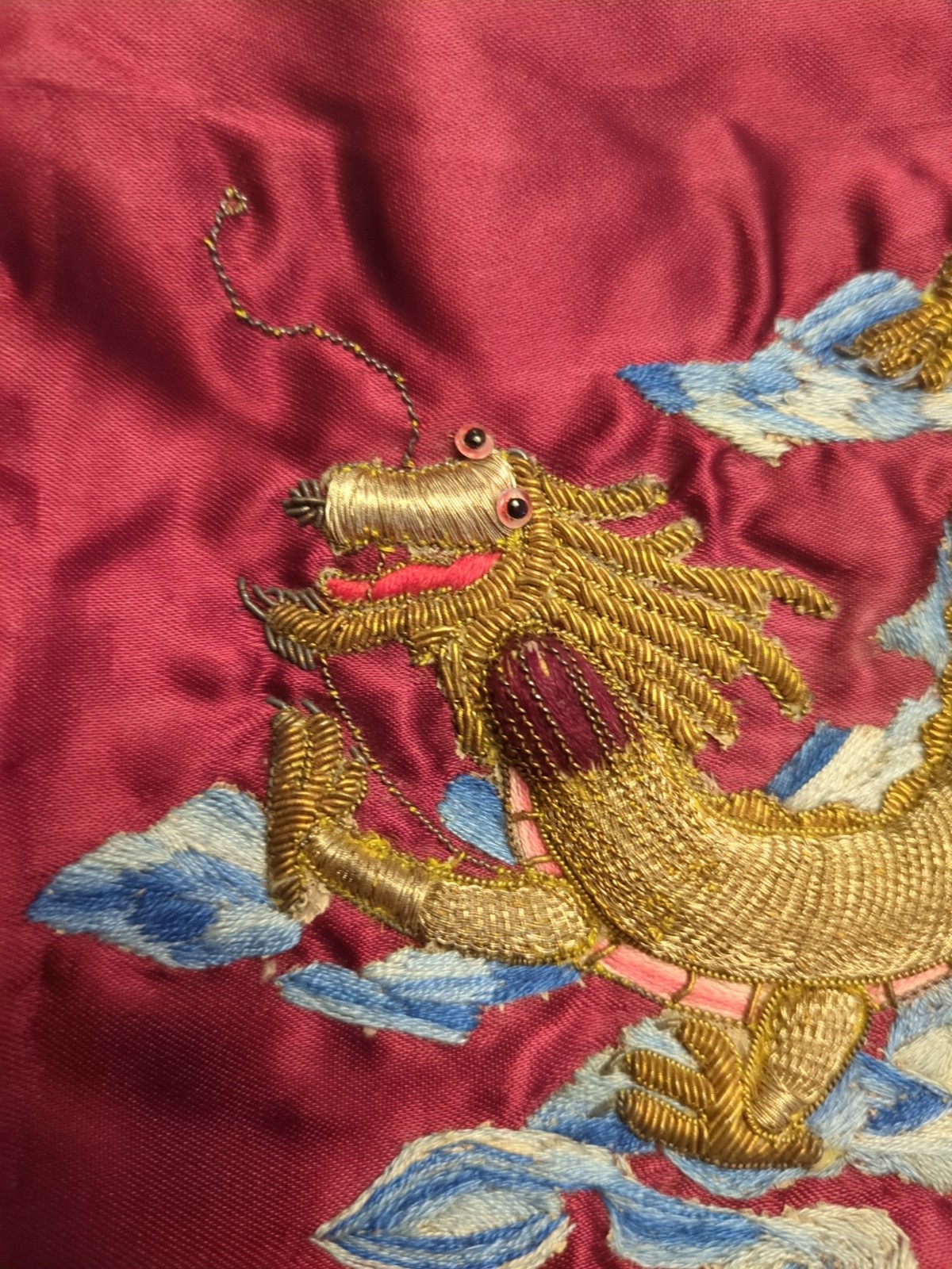 Antique Tray, Silk & Gold Thread Dragon, Framed Silk Panel