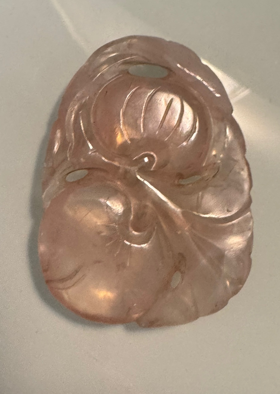 Vintage Hand Carved Top Grade Rose Quartz Chinese Themed Fruits & Leaves Pendant