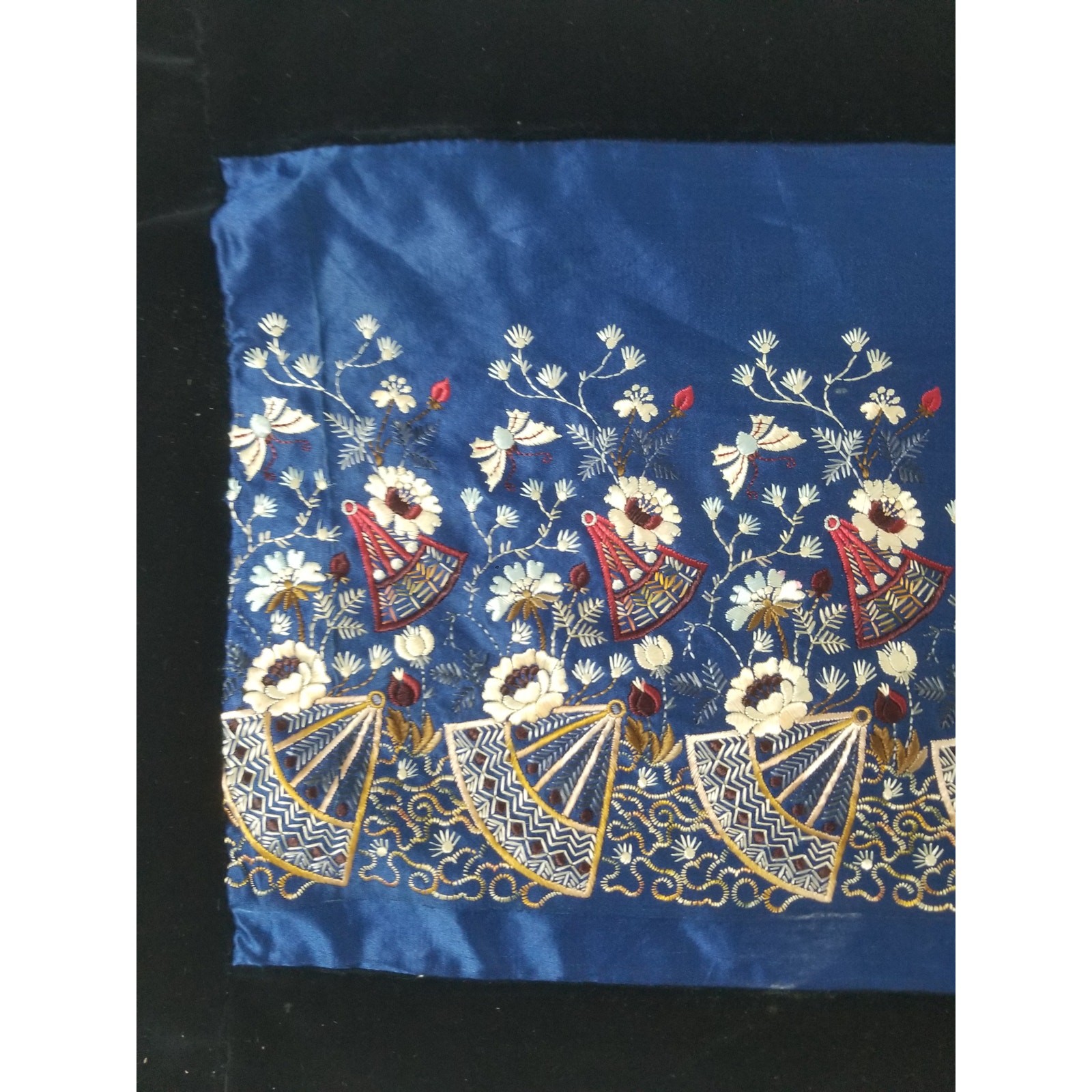 Vintage Chinese Hand Embroidered Floral & Botanical Silk Panel 86x18in