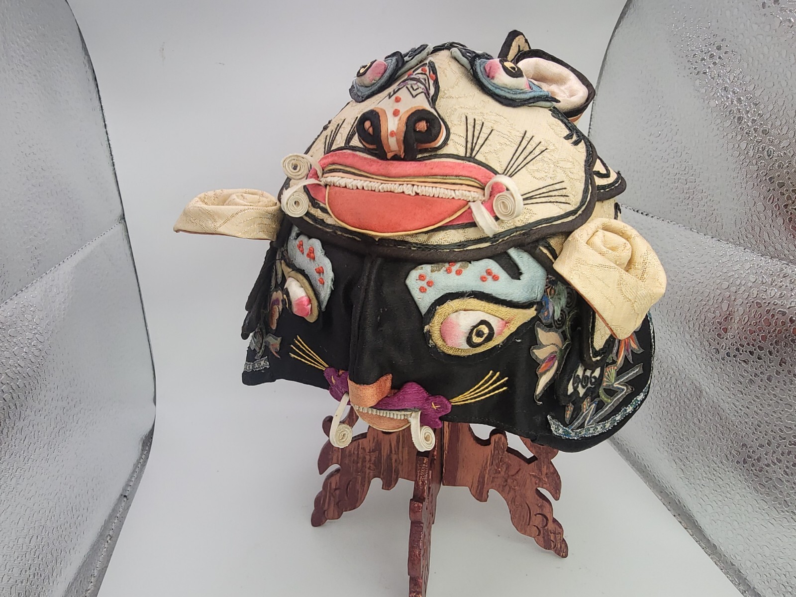 Antique Chinese Embroidered Baby Tiger Hat with Stand