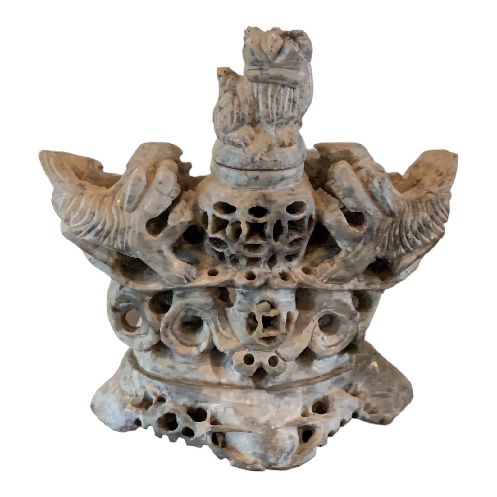 Chinese Hand Carved Soapstone Incense Burner Foo Dogs/Lions Vintage 4” X 4 1/2”