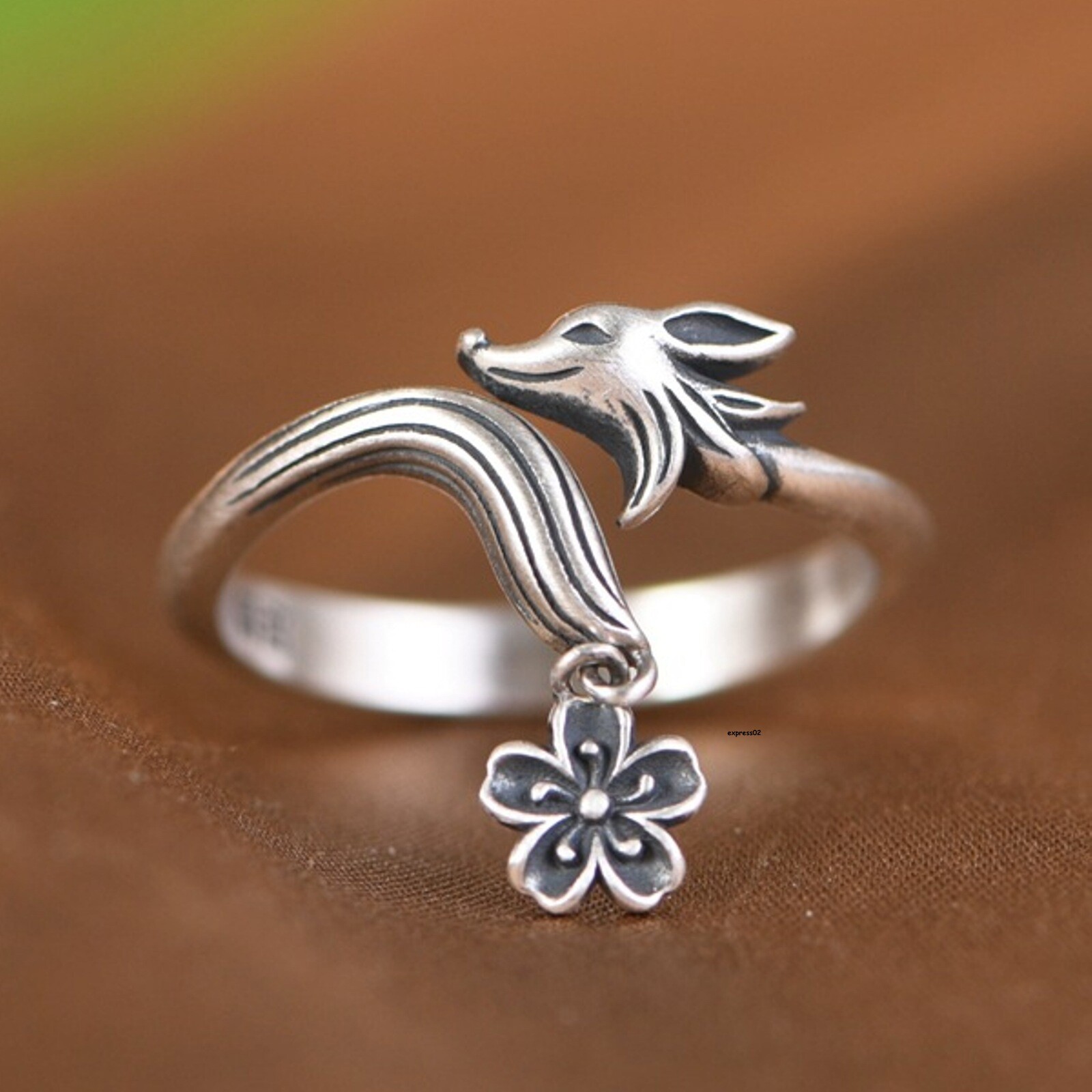 Retro Chinese Artistic and elegant Lucky Flower Fox Open Ring Women