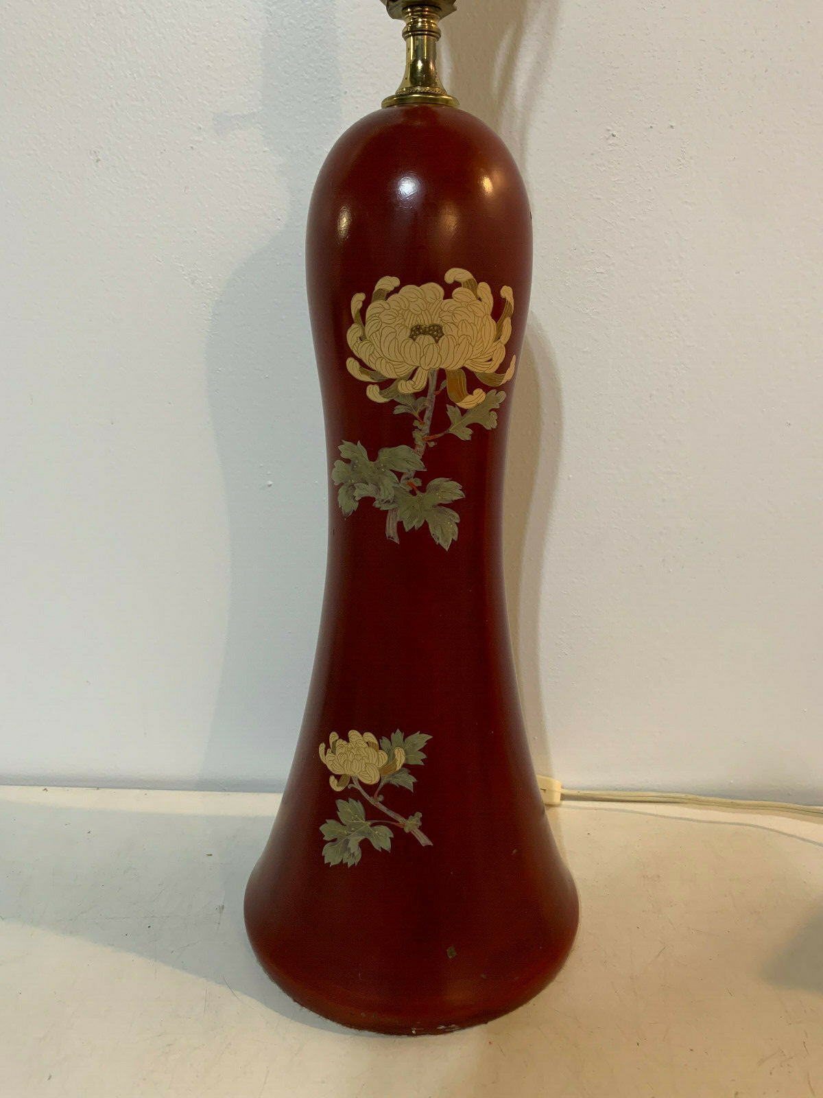 Vintage Chinese or Japanese Red Lacquer Lamp w/ Chrysanthemum Decoration