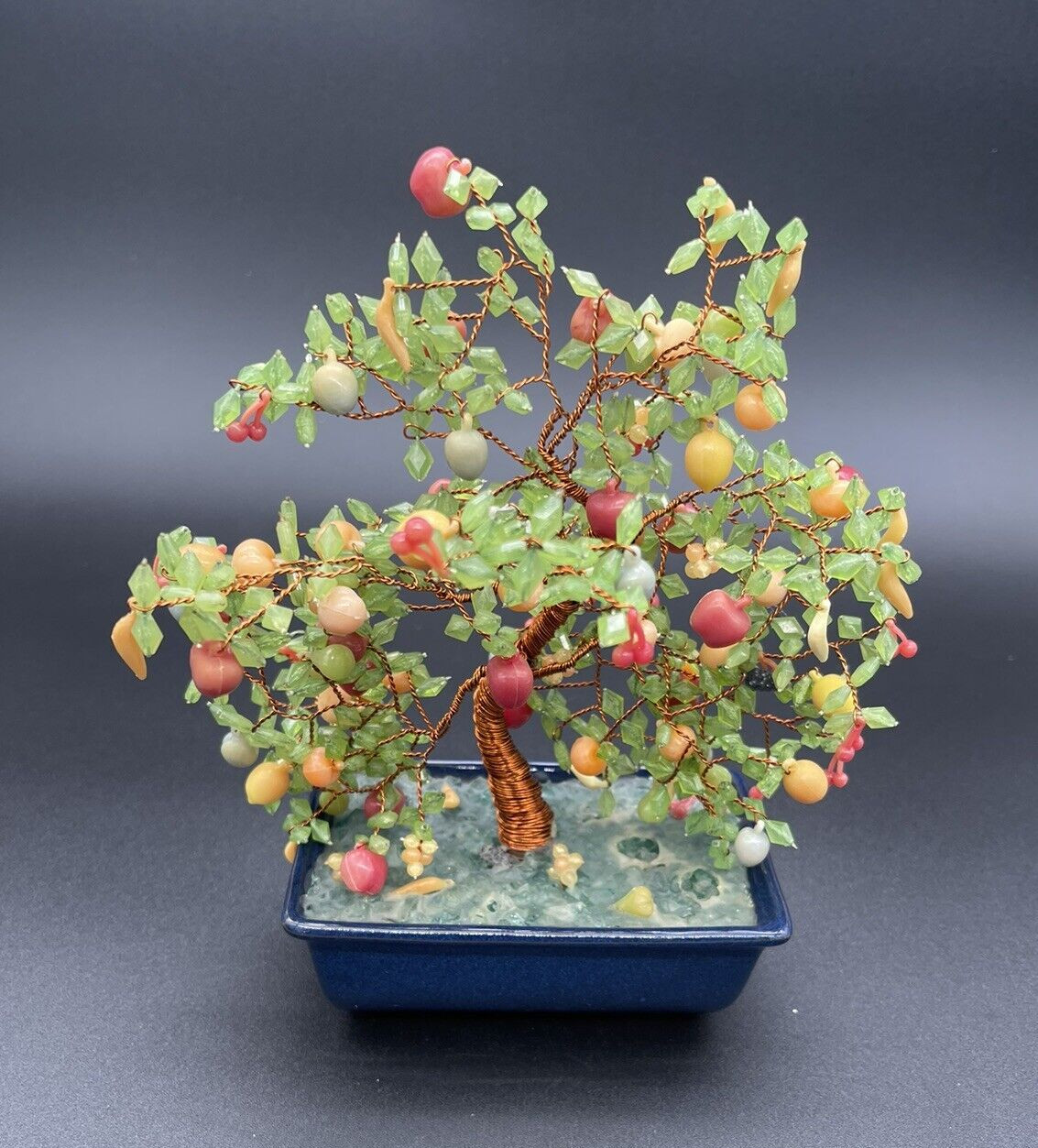 VTG Japanese Glass (? Acrylic) Fruit Bonsai Tree Copper Wire Apple Banana Cherry