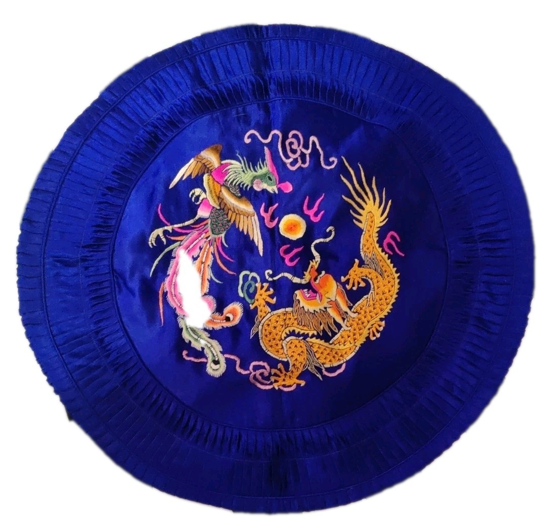 Golden Bee Vintage Chinese Silk Pillow Blue With Dragons & Phoenix 1980’s