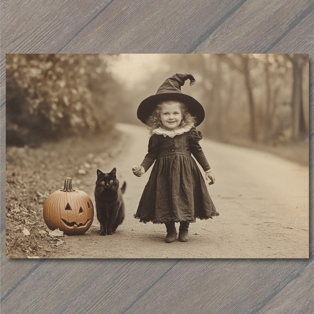 STICKER Cat Victorian Girl Jack-O’-Lanterns Pumpkins Halloween Vintage Style
