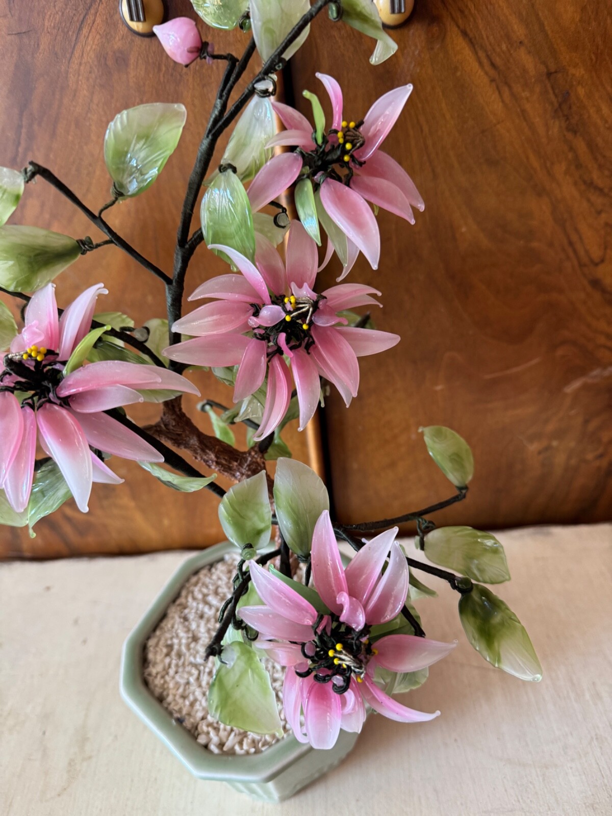 CHINESE JADE QUARTZ GLASS FLOWER TREE VINTAGE CELADON VASE PINK