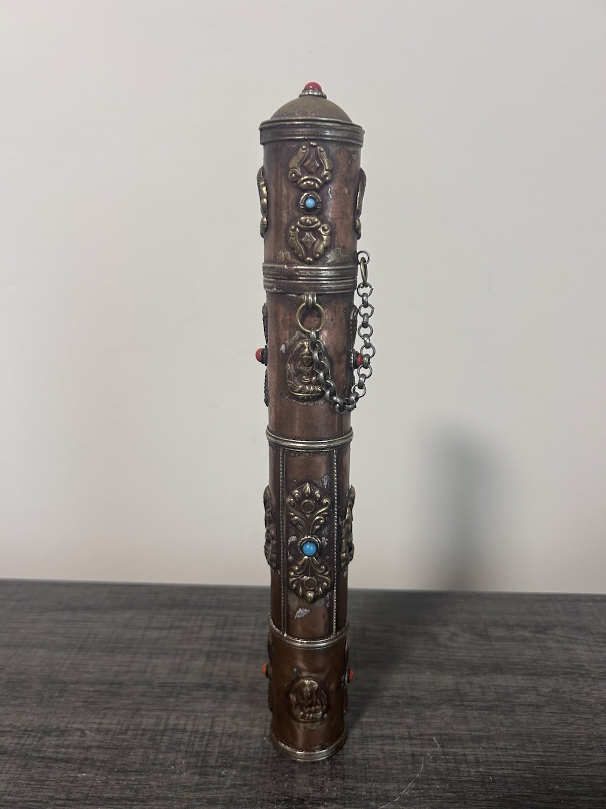 Tibet Copper Inlaid with Green Pine Stone Incense Cylinder -Collectible