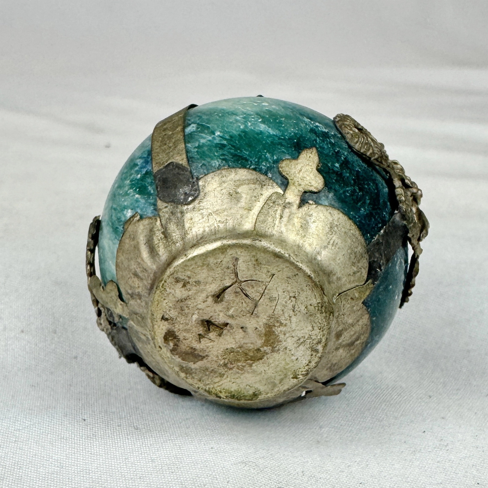 Vintage Chinese Zodiac SHEEP Green Marble Orb, Pewter/Tin Finial, Dragon Motif
