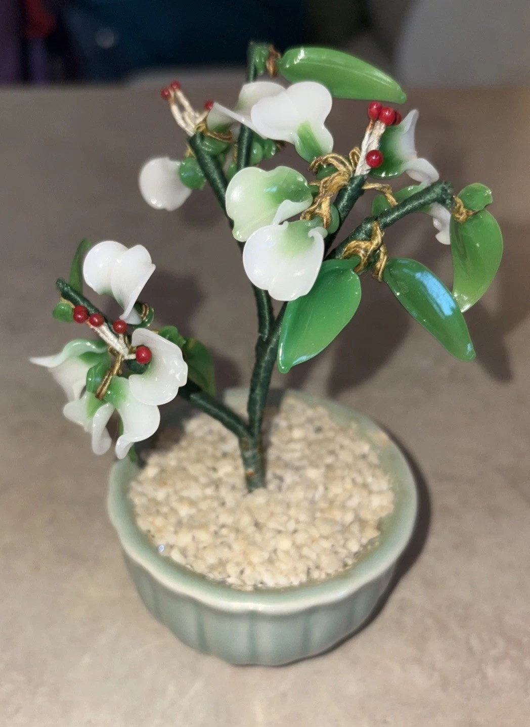 Vintage Mini Jade Glass Flower Bonsai Tree Celadon Green Pot 5”
