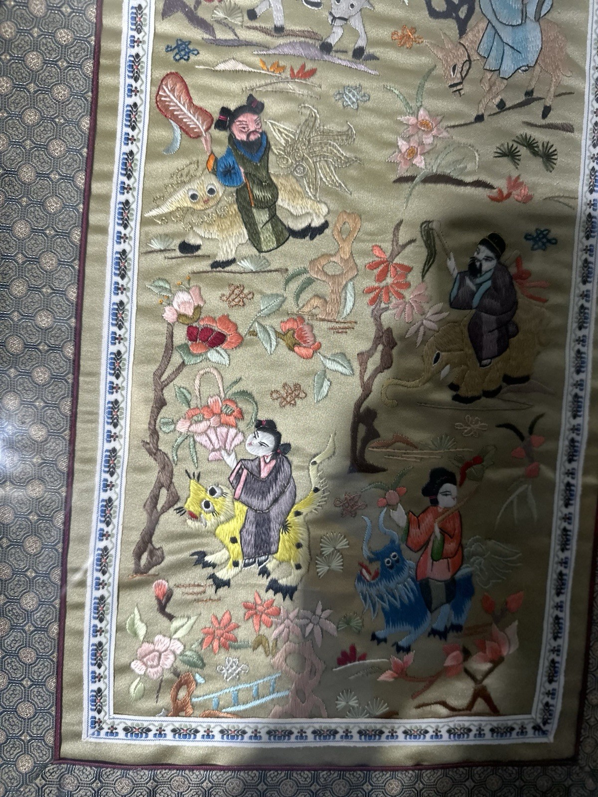 Chinese hand embroidered silk Art Piece Framed. The Actual Piece 27 X 13”