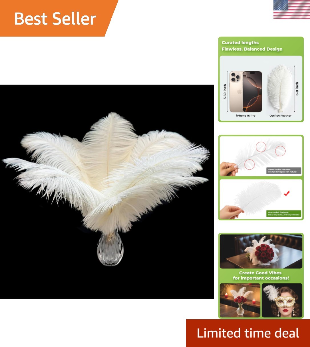 Bulk 20 Pcs Natural Cruelty-Free White Ostrich Feathers for Wedding Centerpieces