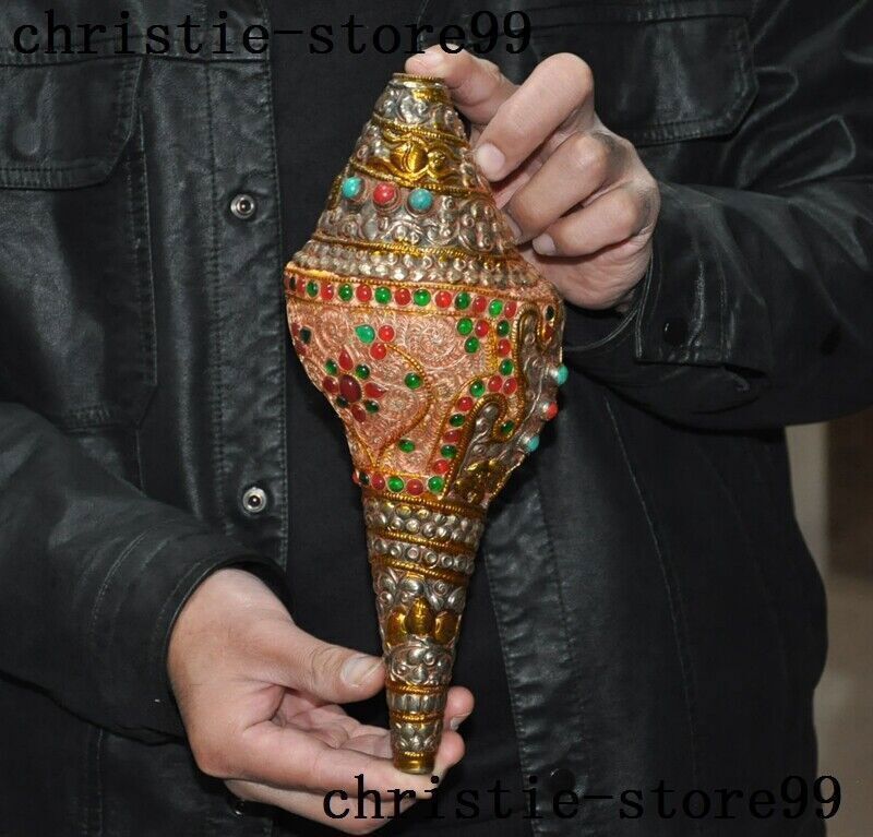 10″Tibet Buddhism bronze Gilt silver Filigree Inlay gem Conch Trumpet Horn Shell