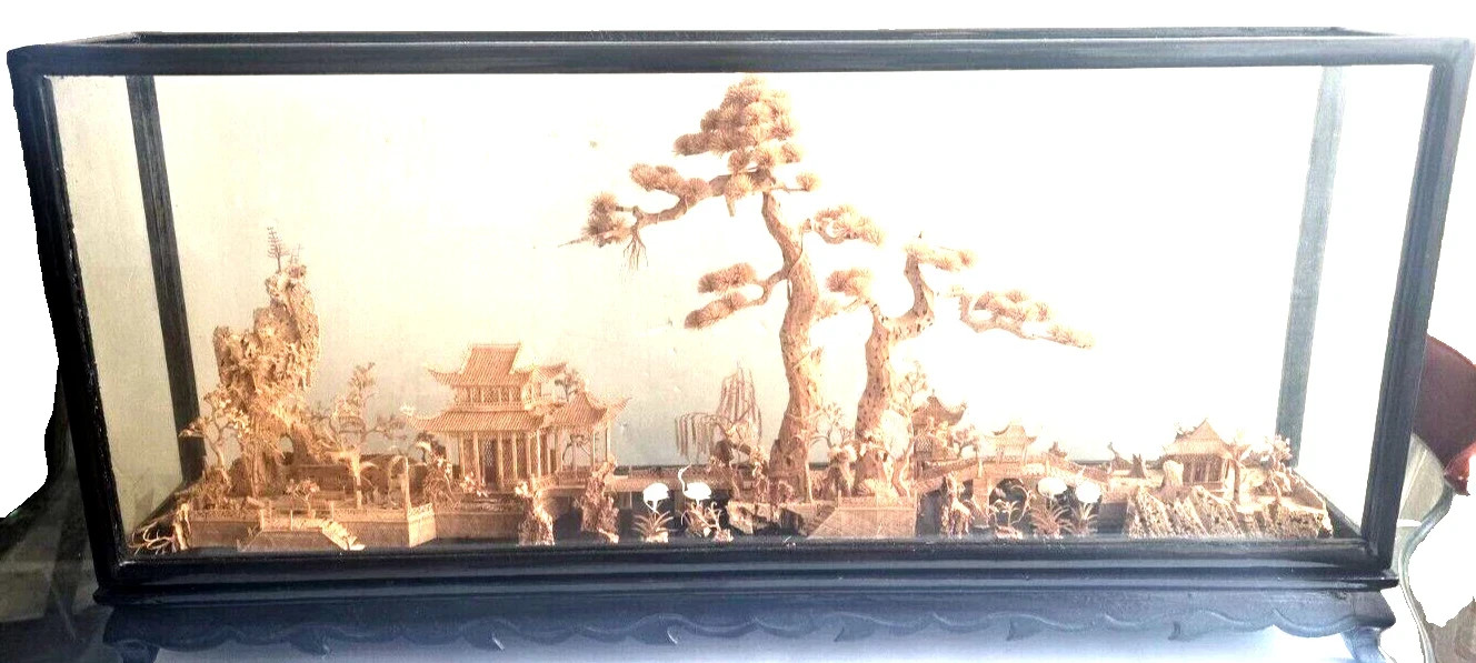 Mid 20th Century Chinese Carving Art Diorama, 3-D Pagoda, Black Lacquer Cork Scu