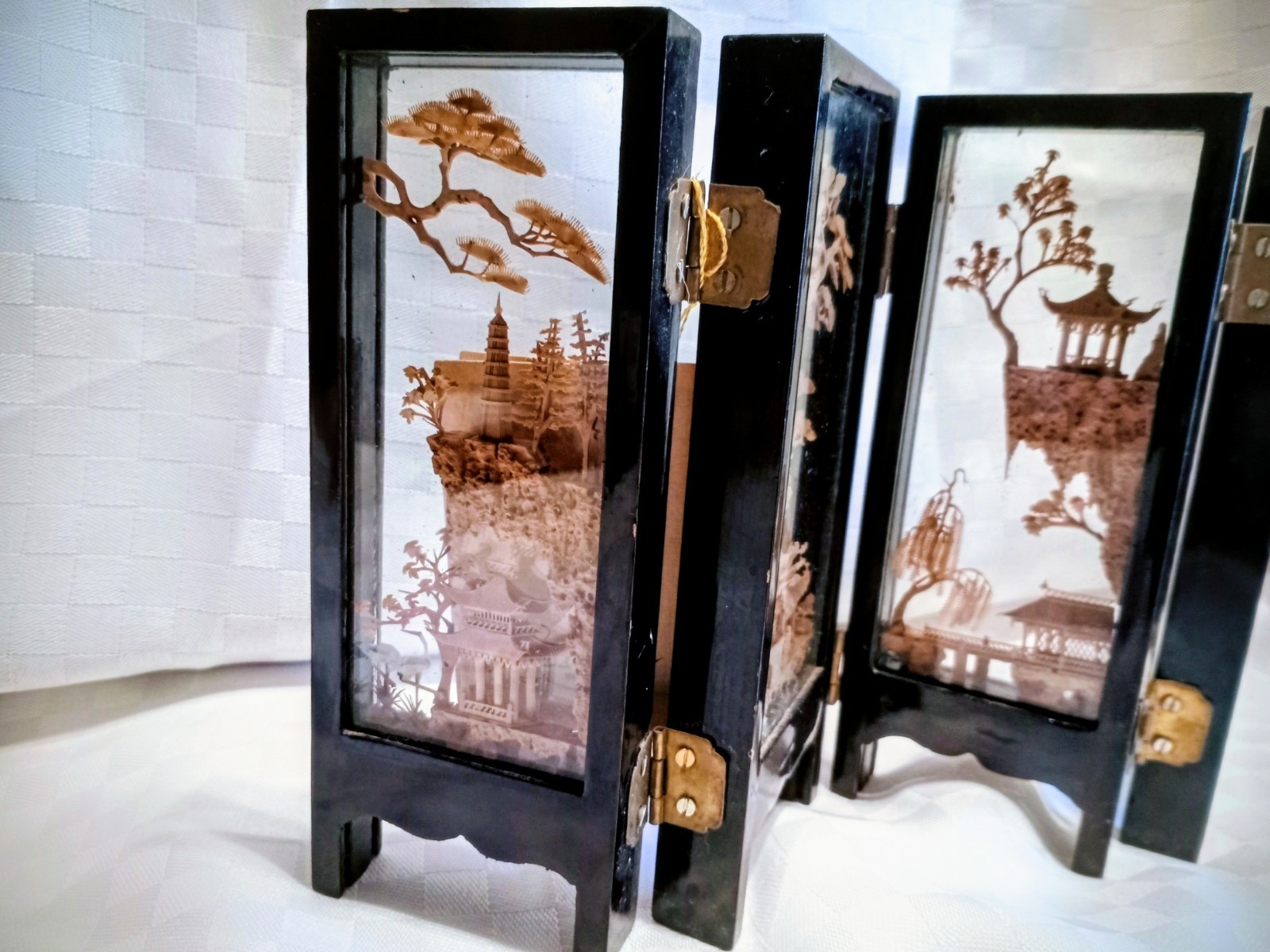 Chinese Cork Art Vintage 1980’s Miniature Screen Carved Birds, Trees, Pagodas