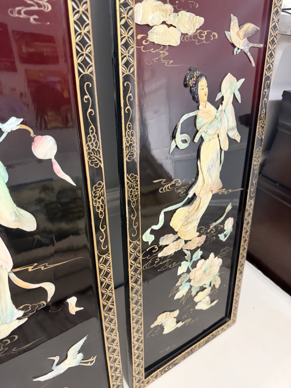 Pair Chinese Lacquer Mother of Pearl Wall Panels 12×36 Asian Art Decor