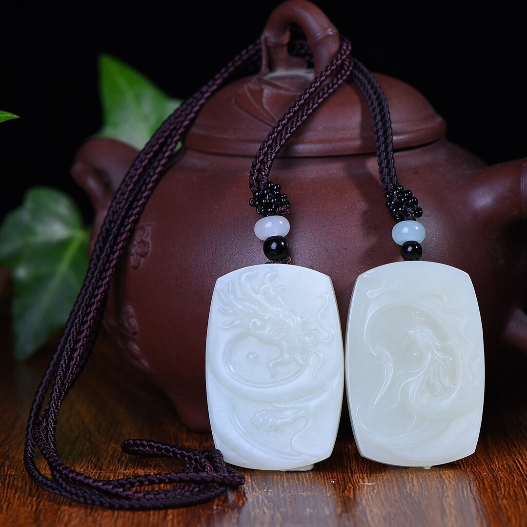 Chinese Hetian White Jade Hand Carving Animal Dragon and Phoenix Pendant Pair