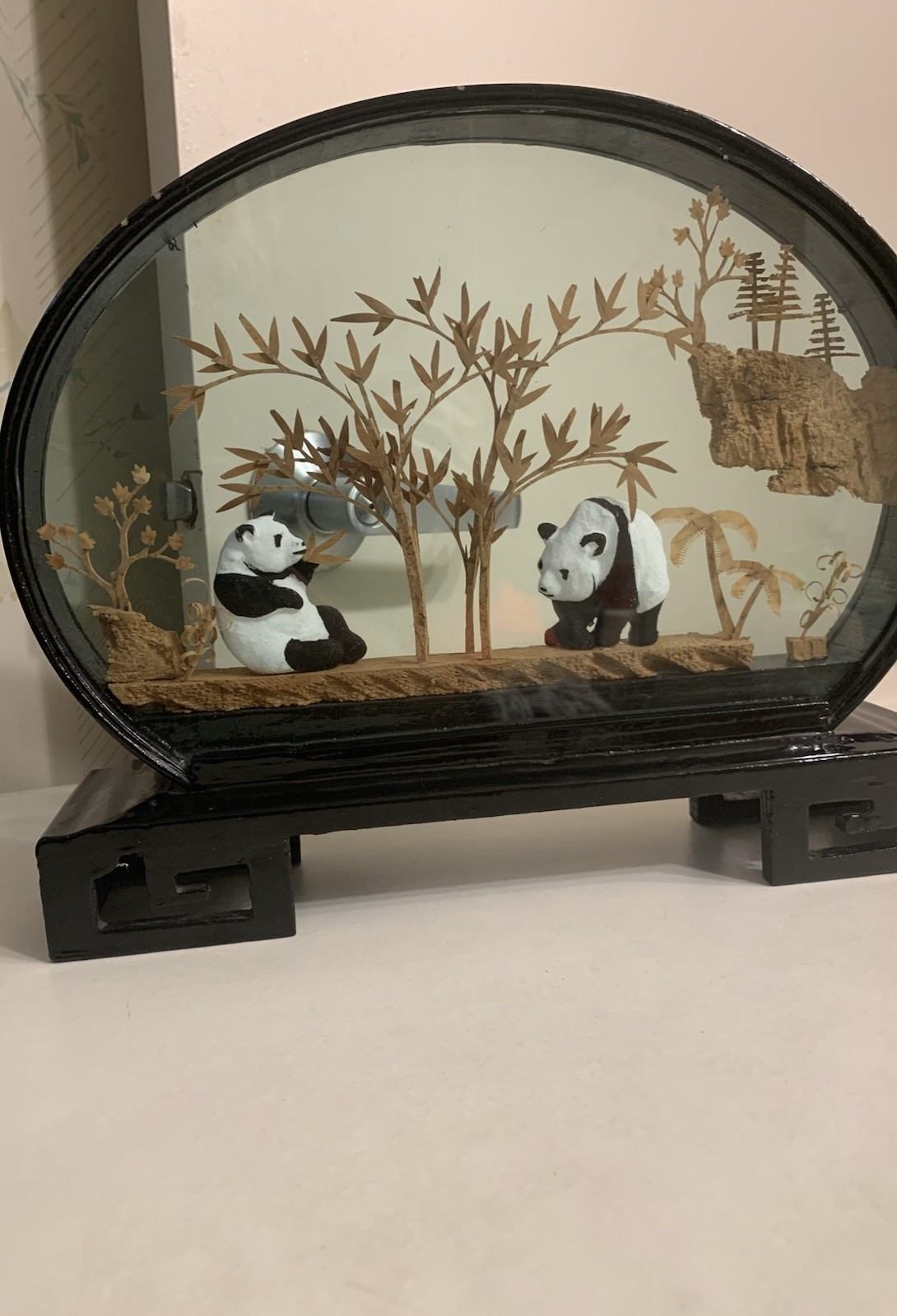 Panda Bear Vintage Collectible San You cork carve Art 3D Diorama in glass frame