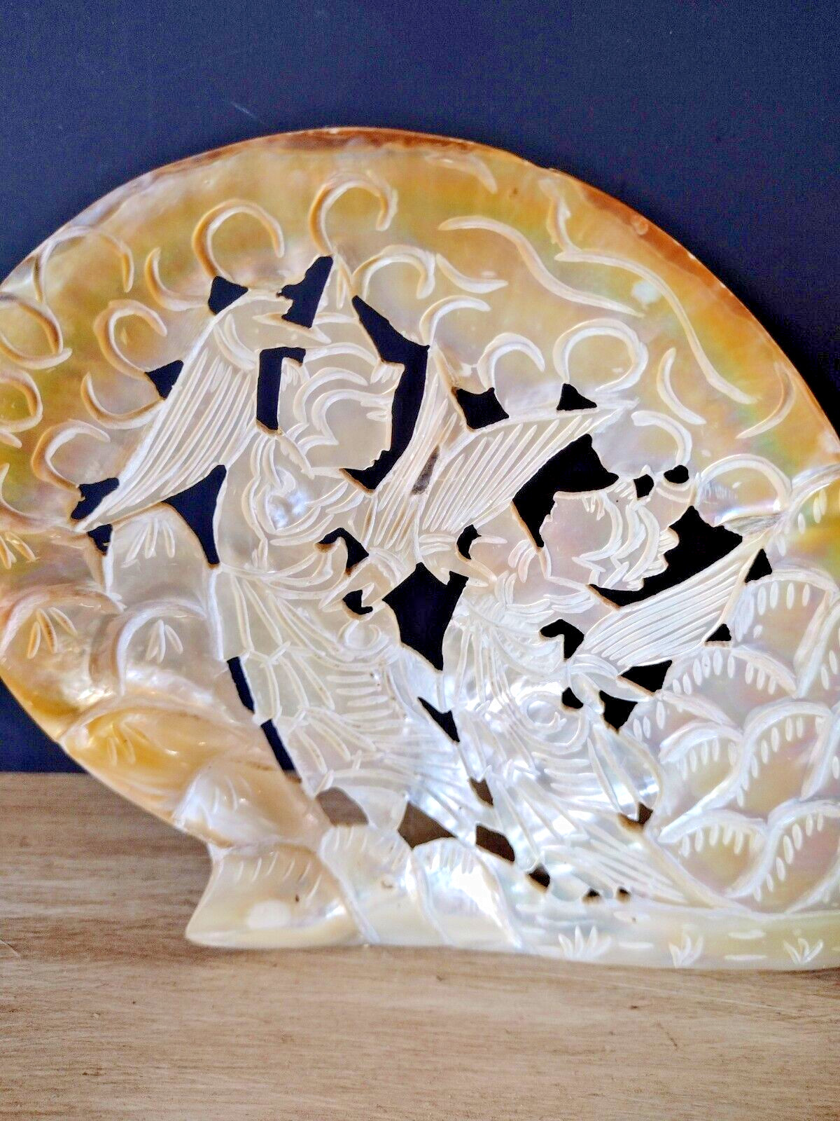 Hand Carved Mother of Pearl Shell Plaque Asian Dancer Abalone Seashell Carving 5