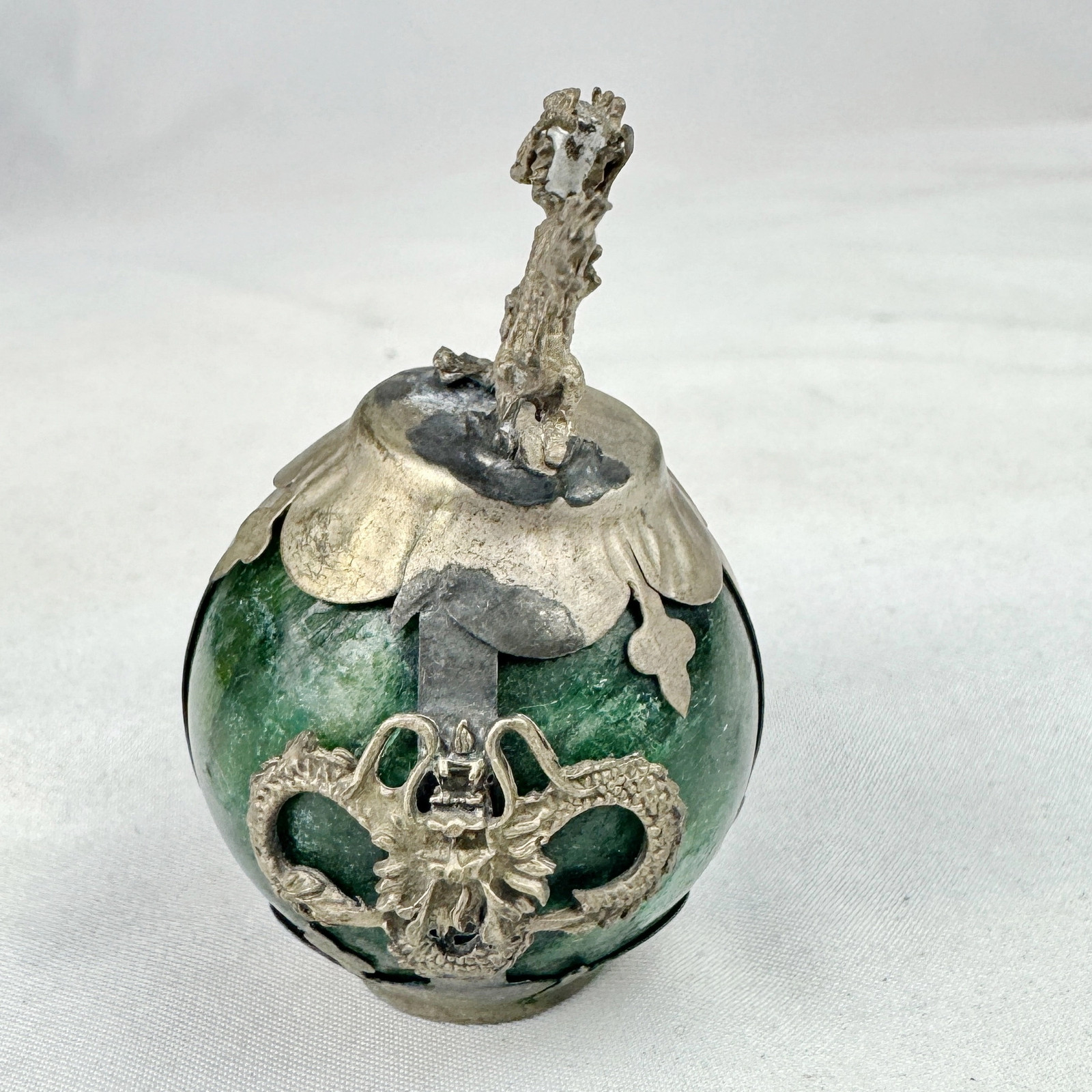 Vintage Chinese Zodiac DRAGON Green Marble Orb, Pewter/Tin Finial, Dragon Motif